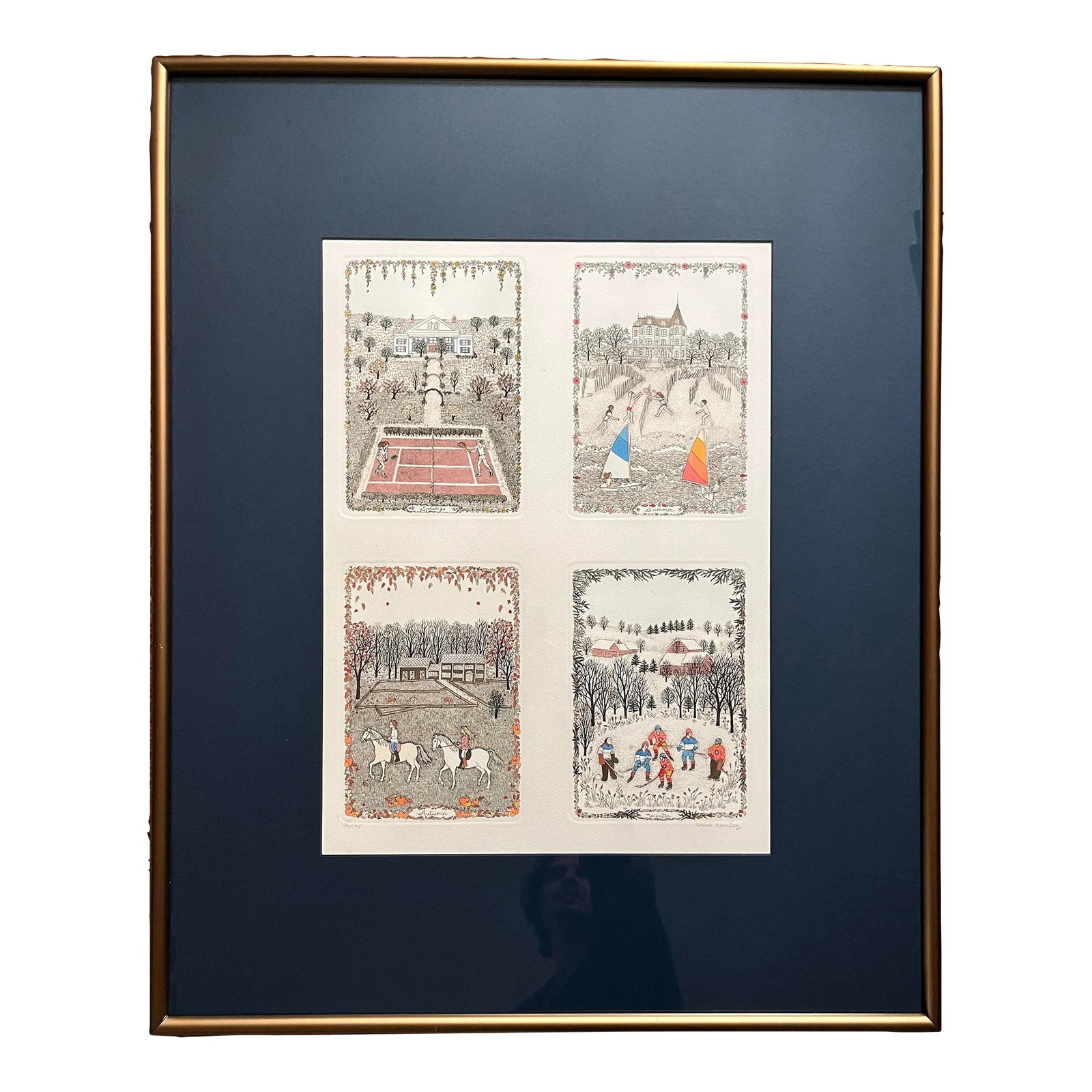1990's Cuca Romley Handcolored Etching Seasons Sports Signed Ed.: 134/175: Original CUCA ROMLEY Handcolored Etching SEASONS SPORTS Signed in pencil Limited Edition: 134/175 Aprox. dimensions: Frame: 32"H x 26"W Opening area: 20"H x 15"W Very good original condition! Newly