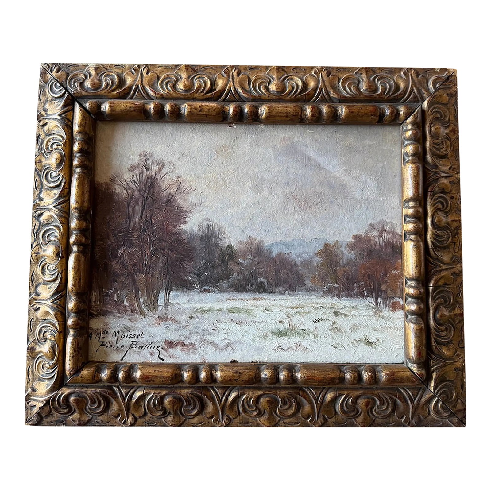 Signed Antique French Oil Painting: Beautiful French original oil, winter landscape, purchased from the Paris flea market (Puces de Vanves). Artist: Pierre Ballue, French landscape painter associated with the Barbizon School. Framed as 