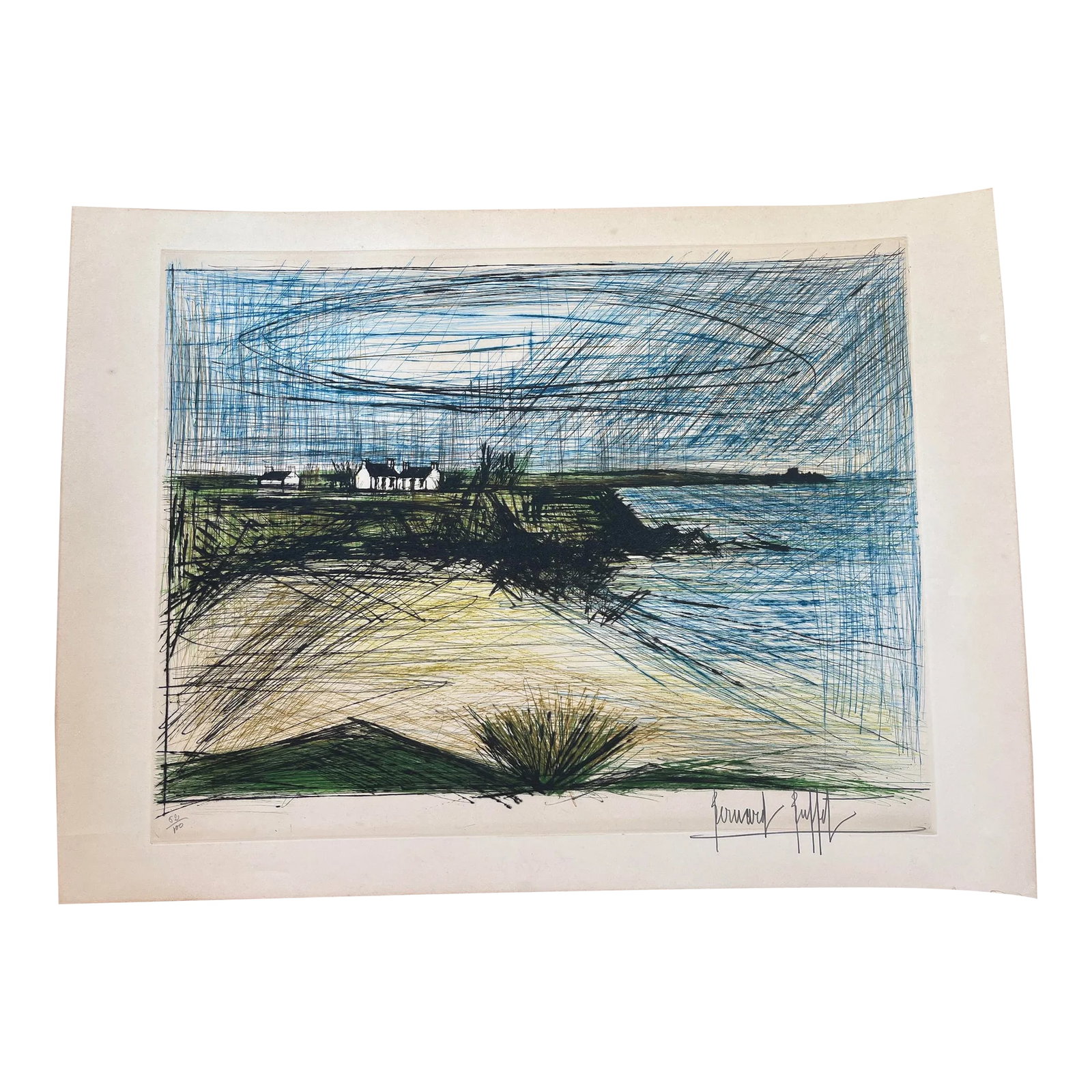 1960s Bernard Buffet Hand Signed Drypoint Etching, Plage De La Mare: Wonderful quiet beach scene by Bernard Buffet. The colors are vibrant. The lithograph is of a very limited edition of 100. Signed in pencil lower right. An original Buffet of a similar Brittany beach 