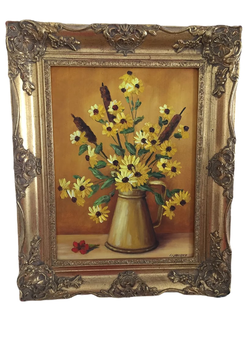 Clarence I. Dreisbach "Yellow Daisies" Oil on Board Painting Signed: Clarence Ira Dreisbach "Pennsylvania Farm Winter Snow" (1903 - 2001) Oil on board 16x12 Clarence I. Dreisbach Born in Union Hill, Carbon County, Pennsylvania of Pennsylvania-Dutch Mennonite parents.