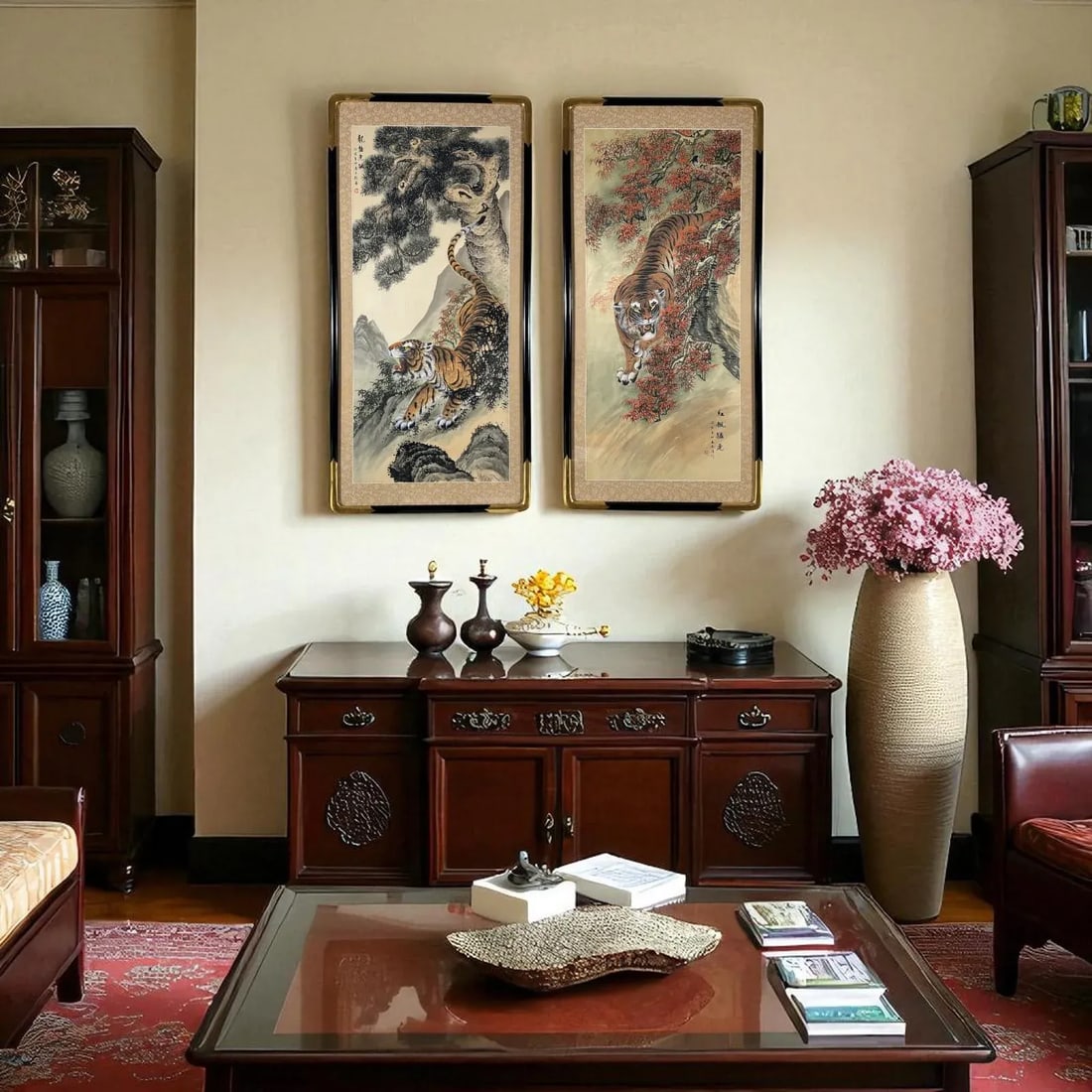 Pair of Signed Chinese Tiger Scroll Paintings, Ink on Silk, Ca. 1960 - 2