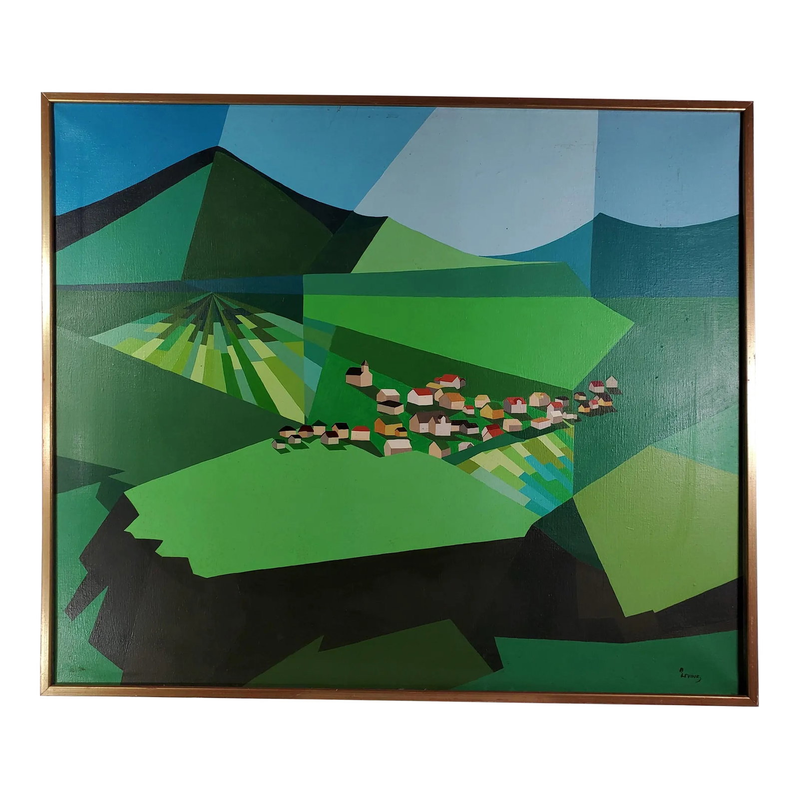 Mid-Century Geometric Landscape Green Fields and Mountains Original Oil on Canvas Signed B. Levine: About the artwork: This late 1950s-1960s Mid-Century Modern painting uses geometric forms, saturated colors, and sharp lines to depict rolling green wheat fields intermixed with other crops against a