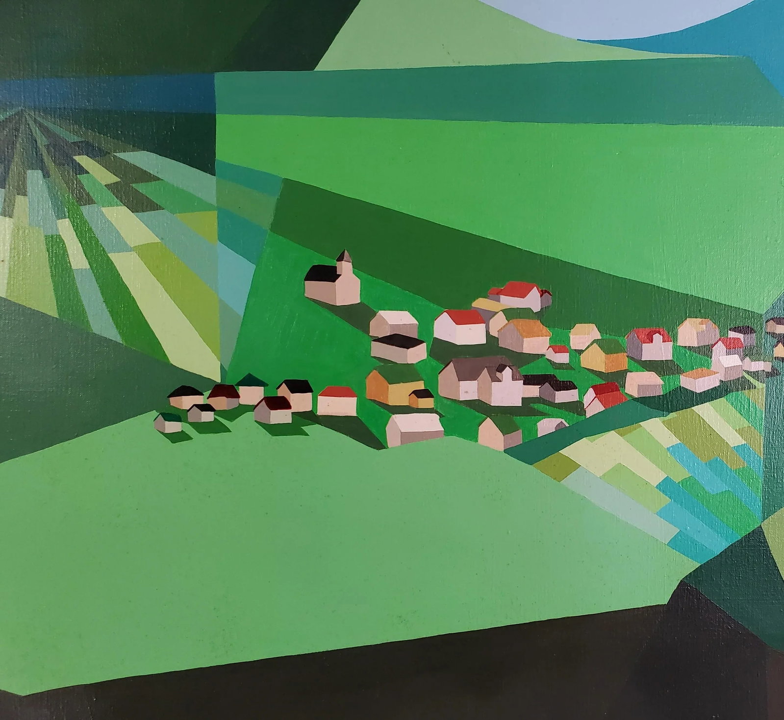 Mid-Century Geometric Landscape Green Fields and Mountains Original Oil on Canvas Signed B. Levine - 2