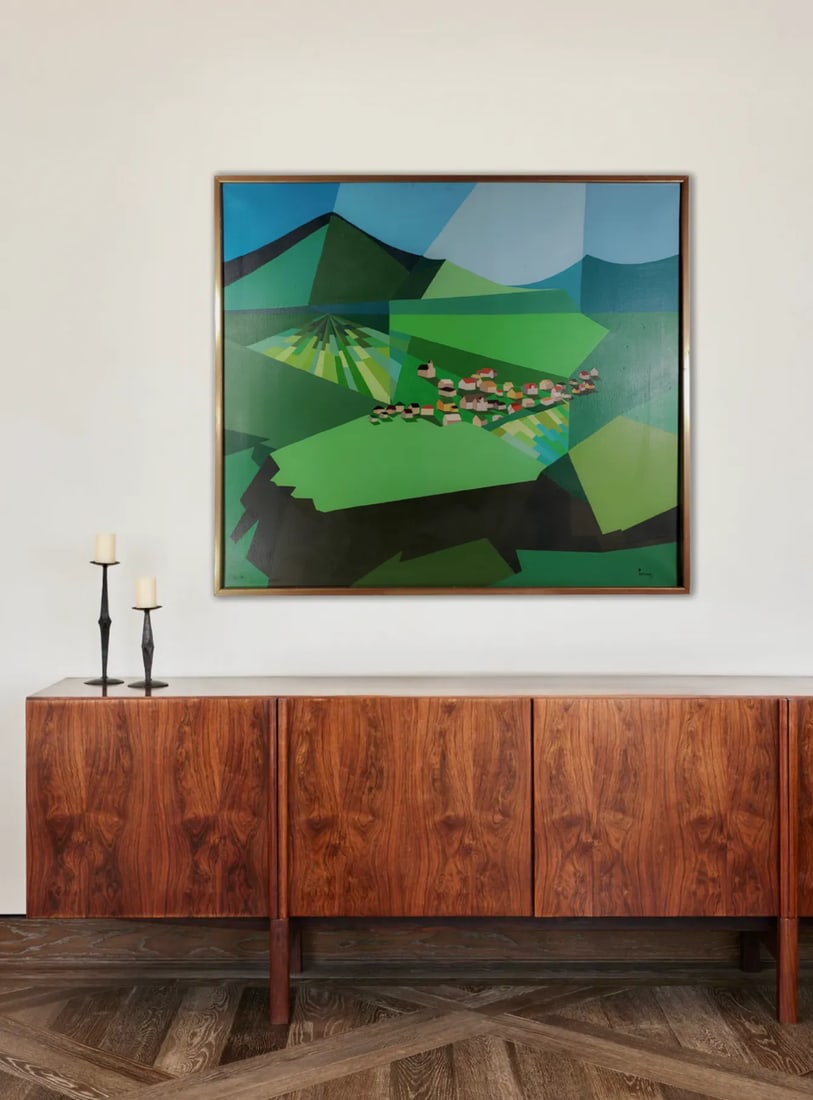 Mid-Century Geometric Landscape Green Fields and Mountains Original Oil on Canvas Signed B. Levine - 4