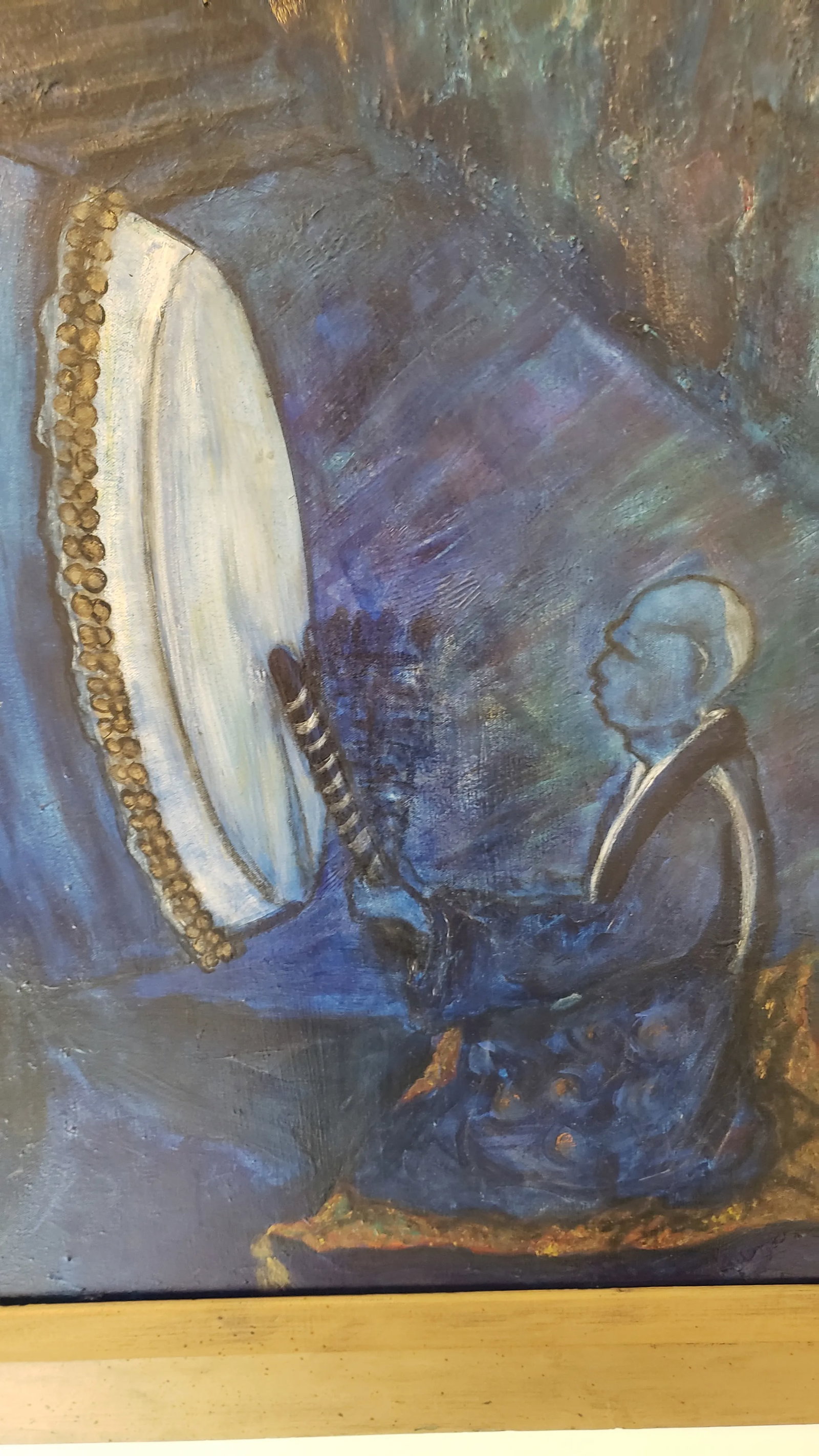 1990s Original Expressionist Oil Painting of a Monk Drumming in a Monastery, Framed - 10