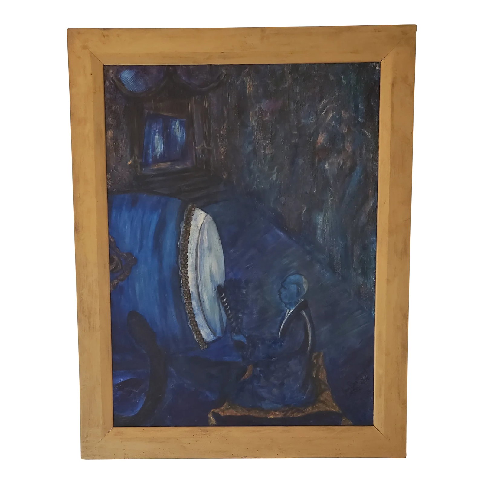 1990s Original Expressionist Oil Painting of a Monk Drumming in a Monastery, Framed: This piece was commissioned by the the current owner. Original painting by renowned British artist Jan Butterfield. The artist travelled the world for inspiration for her work. This is a painting of
