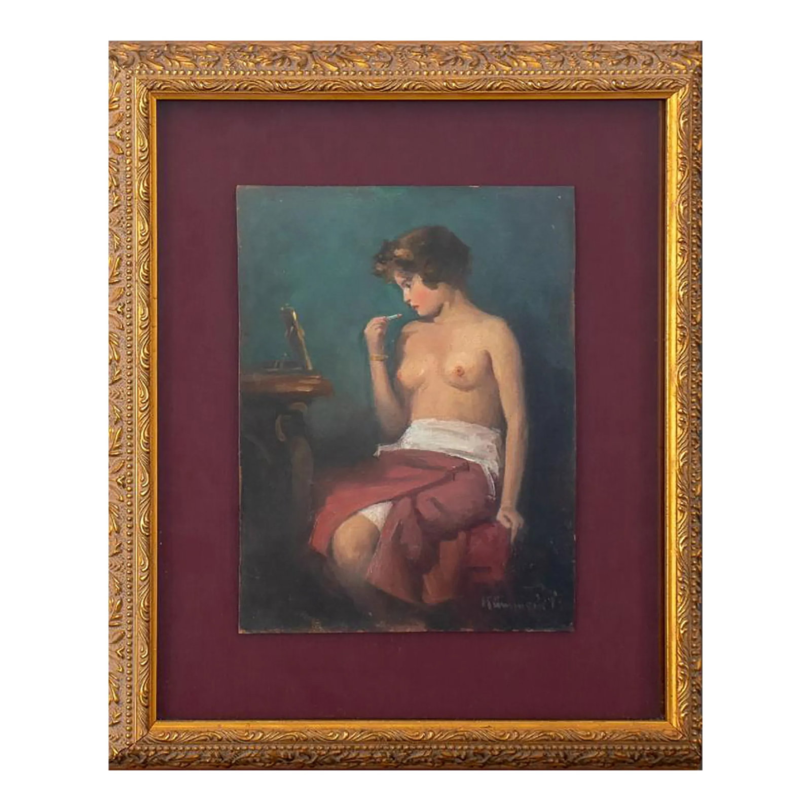Pal Kummmerle Nude Woman Oil on Board: Pal Kummerle (Hungarian, 1873-1944), Nude Woman, Oil on Board, depicting seated woman applying lipstick in the mirror, signed lower right, giltwood frame. Image: 9" H x 6.75" W; frame: 15" H x 13" W. 