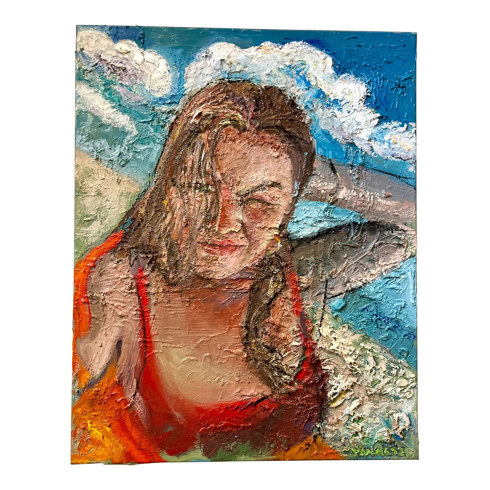Beach Day, Figurative Oil Painting, Portrait of a Girl, by Van Ness: Beach Day, Oil Painting, 16"x20", by Van Ness 16"x20" gallery wrapped canvas. A young woman squinting as the sun basks in her face. A red bikini at the beach, the ocean sailing nearby. As seen in gall