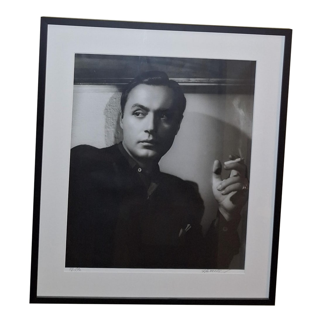 George Hurrell Silver Gelatin Photograph Charles Boyer 77/190: George Hurrell Silver Gelatin Photograph depicting Charles BOYER smoking a cig. It is numbered 77/190. The photo measures 20" X 24". The frame measures 30 3/4" X 26 3/4". Both are in fine condition. C