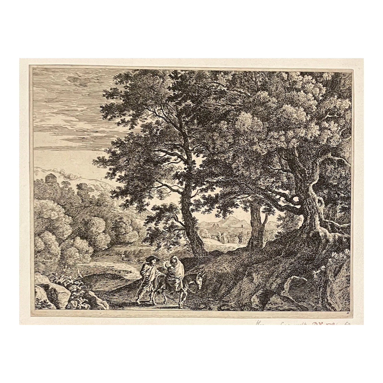 17th Century Herman Van Swanevelt Holy Family Etching: 1650s antique etching of the Holy Family, after a series of drawings entitled "Flight into Egypt" by Dutch artist Herman van Swanevelt (c.1603-1655). The etching is printed in a mirror image or revers