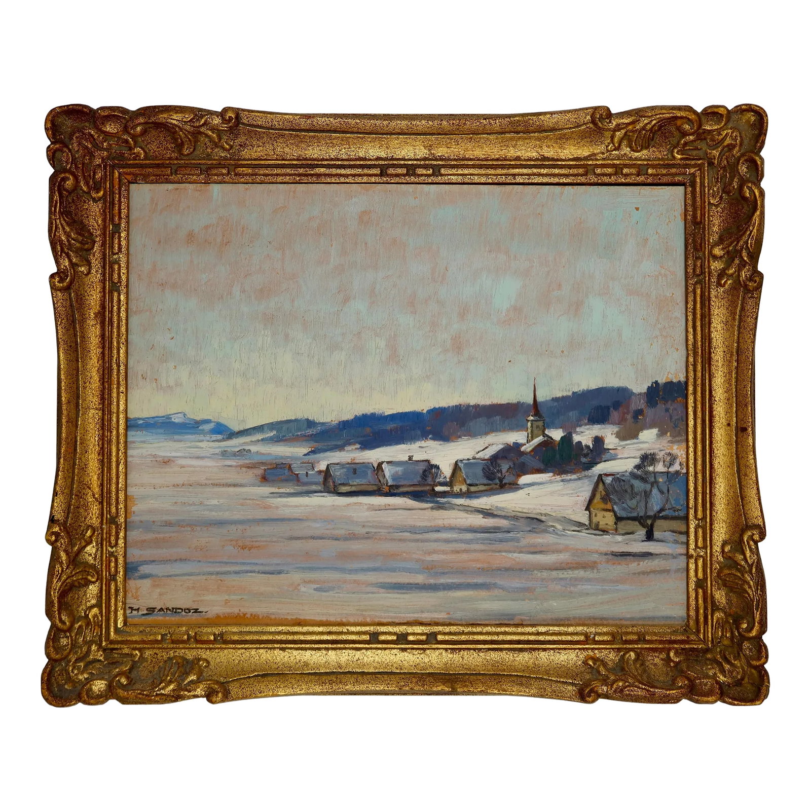 Antique Swiss Oil Painting of Village Snow Scene: Original oil painting signed by Henri Sandoz (Saint-Imier 1919-1994 Montreux) in 1949 featuring a winter village scene. Art measures 12" x 15" and is framed with a giltwood frame measuring 15.5" x