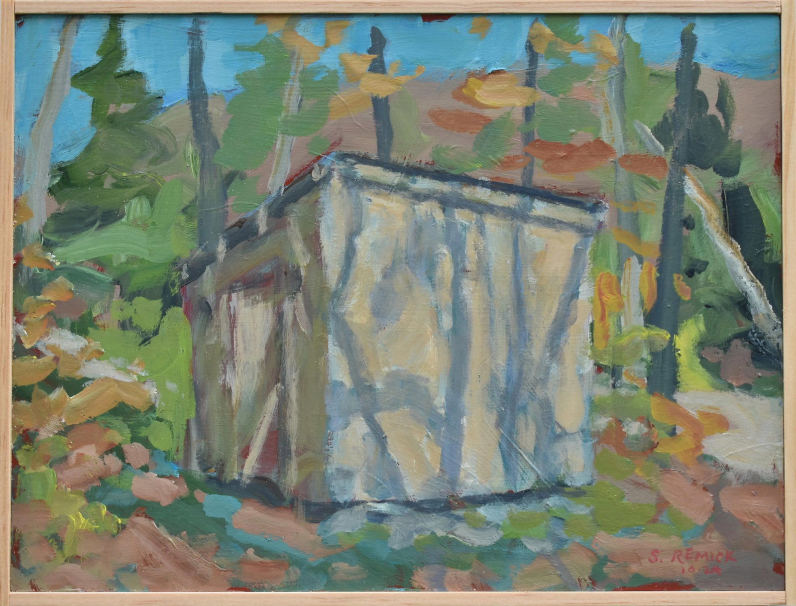 Woodshed, by Stephen Remick, Framed: Warmth and nostalgia, evoking a sense of peaceful seclusion. Brushwork mimicking the fleeting brilliance of fall in New England, specifically with this painting, Vermont. This was painted en plain