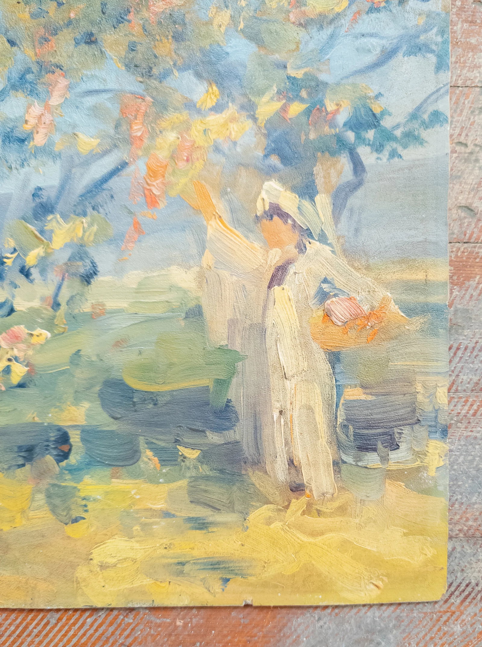 20th Century American Impressionist Oil Painting of Woman Picking Fruit, Pennsylvania School - 4