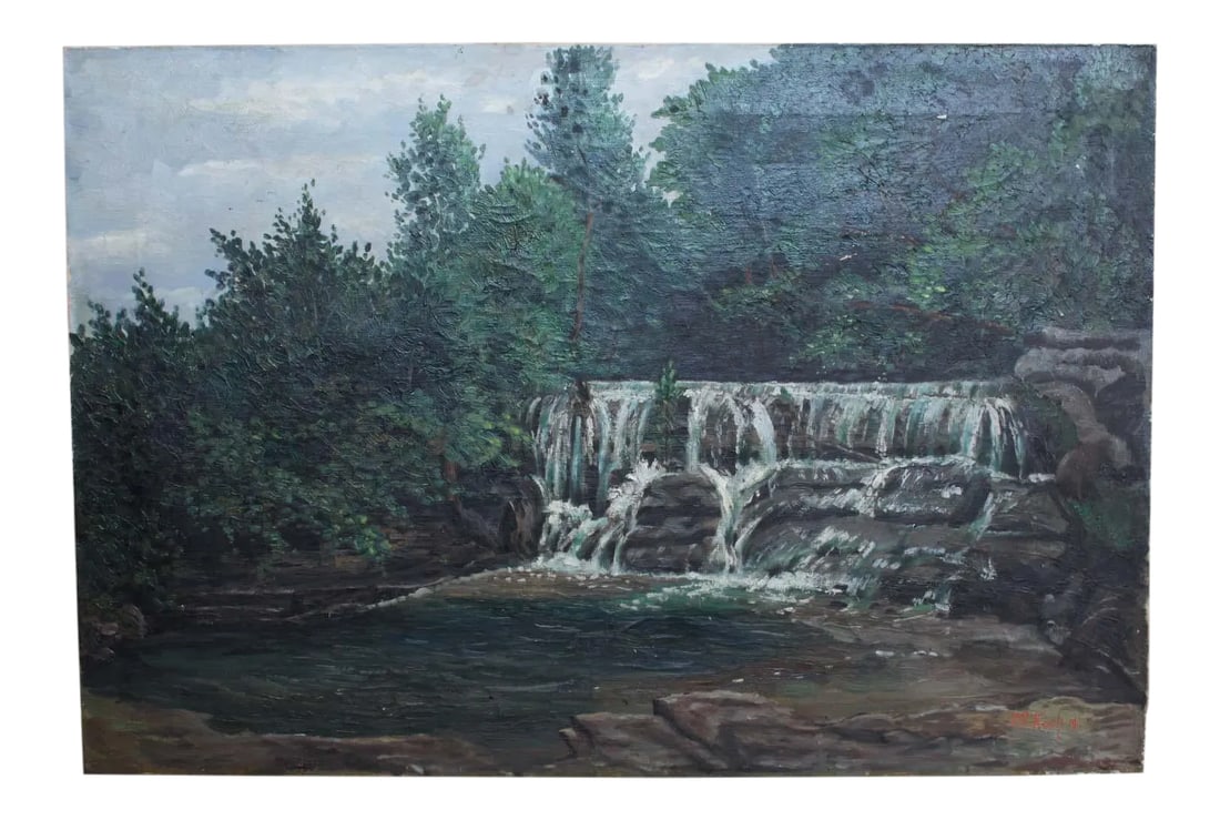 Mid 20th Century Waterfall, Oil on Canvas: A painting of a waterfall, oil on canvas. Condition: Alterations: Original Condition Unaltered Imperfections: Some Imperfections Condition Notes: wear and tear. Materials & Techniques: Canvas Win