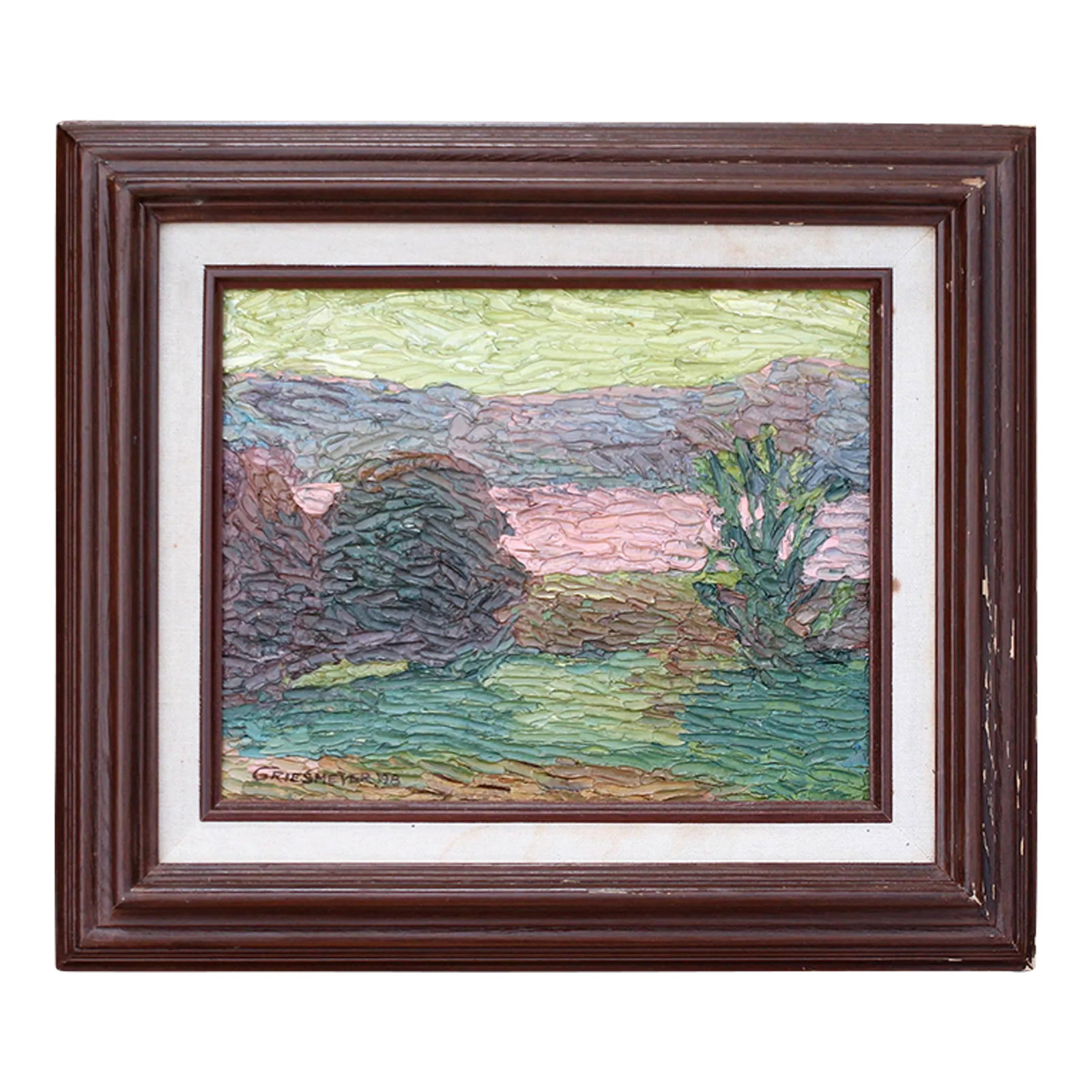 Framed Impasto or Impressionist Landscape Painting by Griesmeyer: Pink River oil on board by Griesmeyer 1998. Beautiful landscape depiction in think impasto oil paint. Appears to be sunset or dawn with silhouetted trees. Lovely texture for your wall. Original frame 