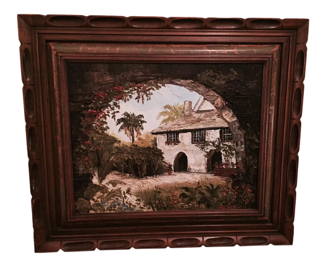 Original "Oil on Canvas" Painting by Artist Nina Buxton: Original "oil on canvas" (knife palate) painting by Nina Buxton titled "Oldest Home Courtyard." - Painting scene is from St. Augustine, Florida. This was bought directly from the Artist's Gallery in