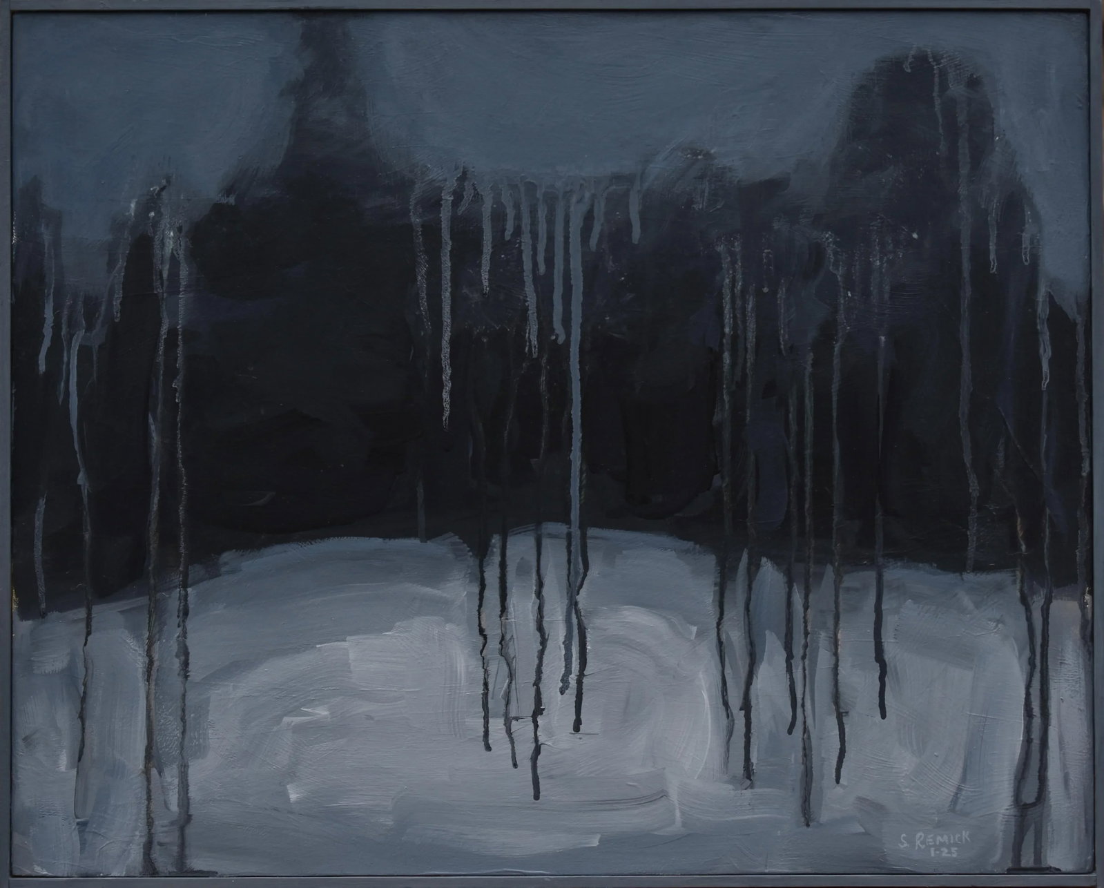 Melt With Me, Contemporary Semi-Abstract Painting, by Stephen Remick: A contemplation of solitude and clarity. A dream-like image inspired by moonlit snow at the edge of the woods. Dark being driven back by light. In the painting (and perhaps in the mind) light is from
