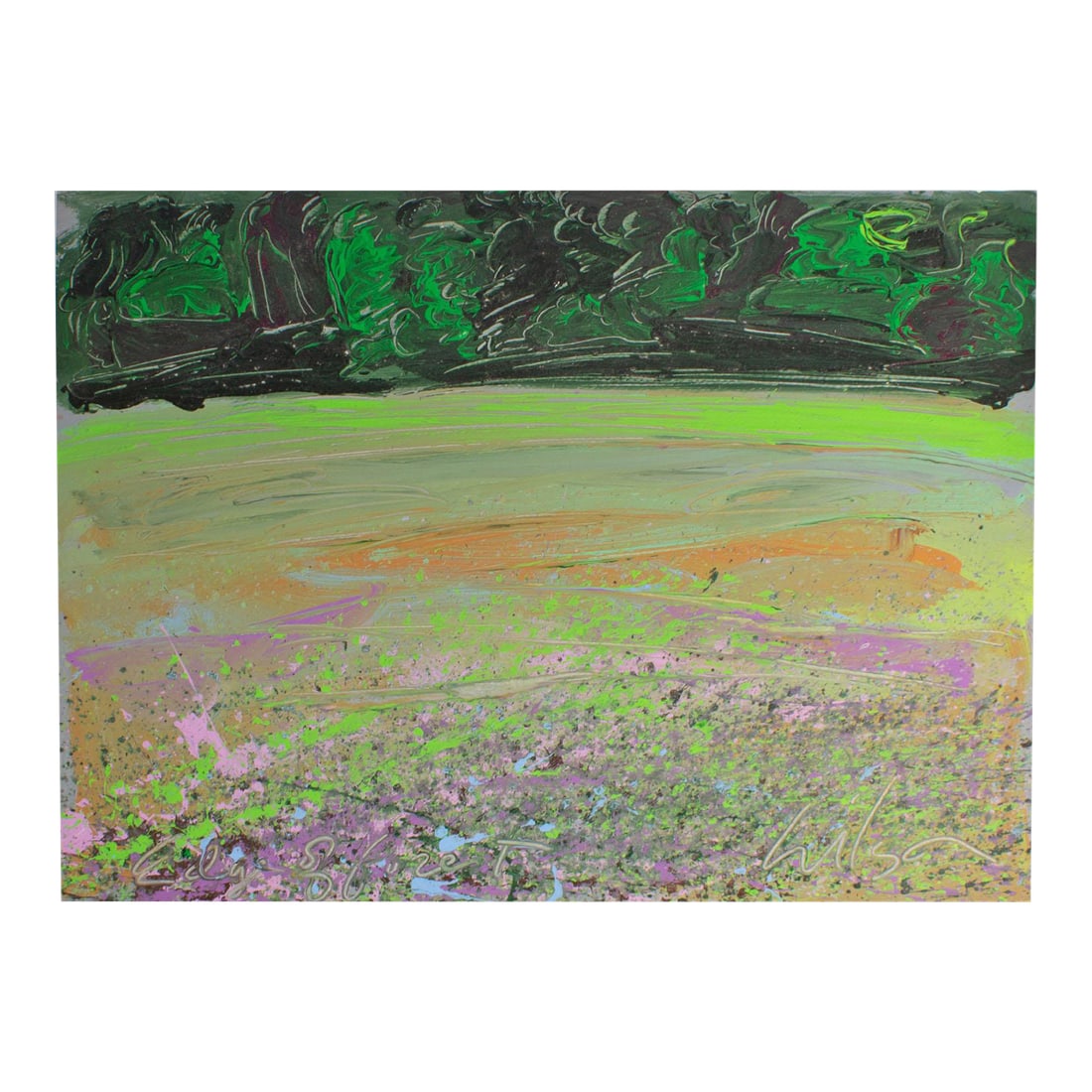 1980s "Edge of Forest" Abstract Acrylic on Paper Painting by Harry Hilson: A 1980s acrylic on paper painting by the American artist Harry Hilson (1935-2004). Titled "Edge of Forest," this abstract work depicts a landscape with forest surrounding the edge of a meadow. Unframe