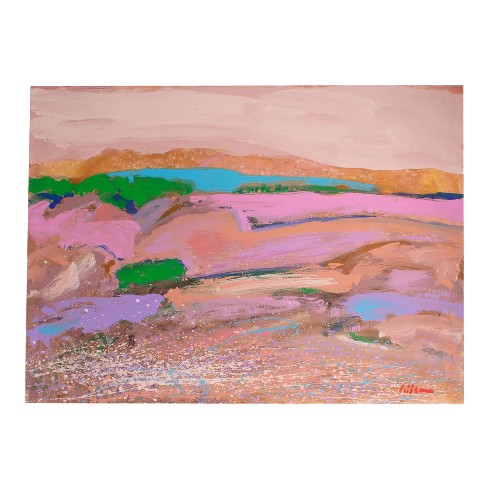 1980s Abstract Acrylic on Paper Landscape Painting by Harry Hilson: An acrylic on paper painting by the American artist Harry Hilson (1935-2004). This abstract landscape painting is predominantly pink and depicts rolling hills, a pink sky, and distant orange mountains