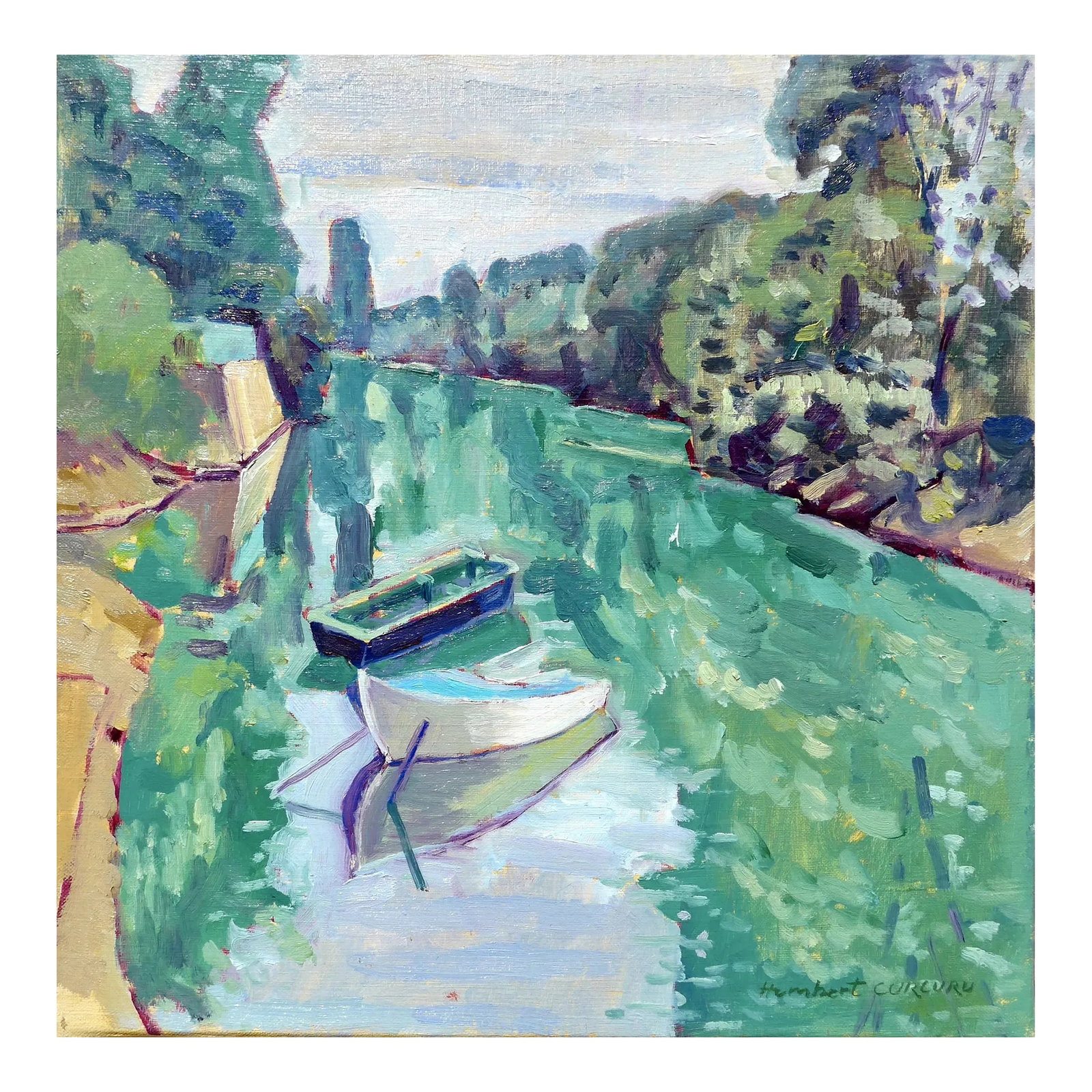 A River in France Contemporary Landscape Oil Painting: FREE SHIPPING Presented for the first time, art from a private collection. Oil painting of a river in France near Paris. Summertime fishing boats in view. Painted out of doors in plein air with the