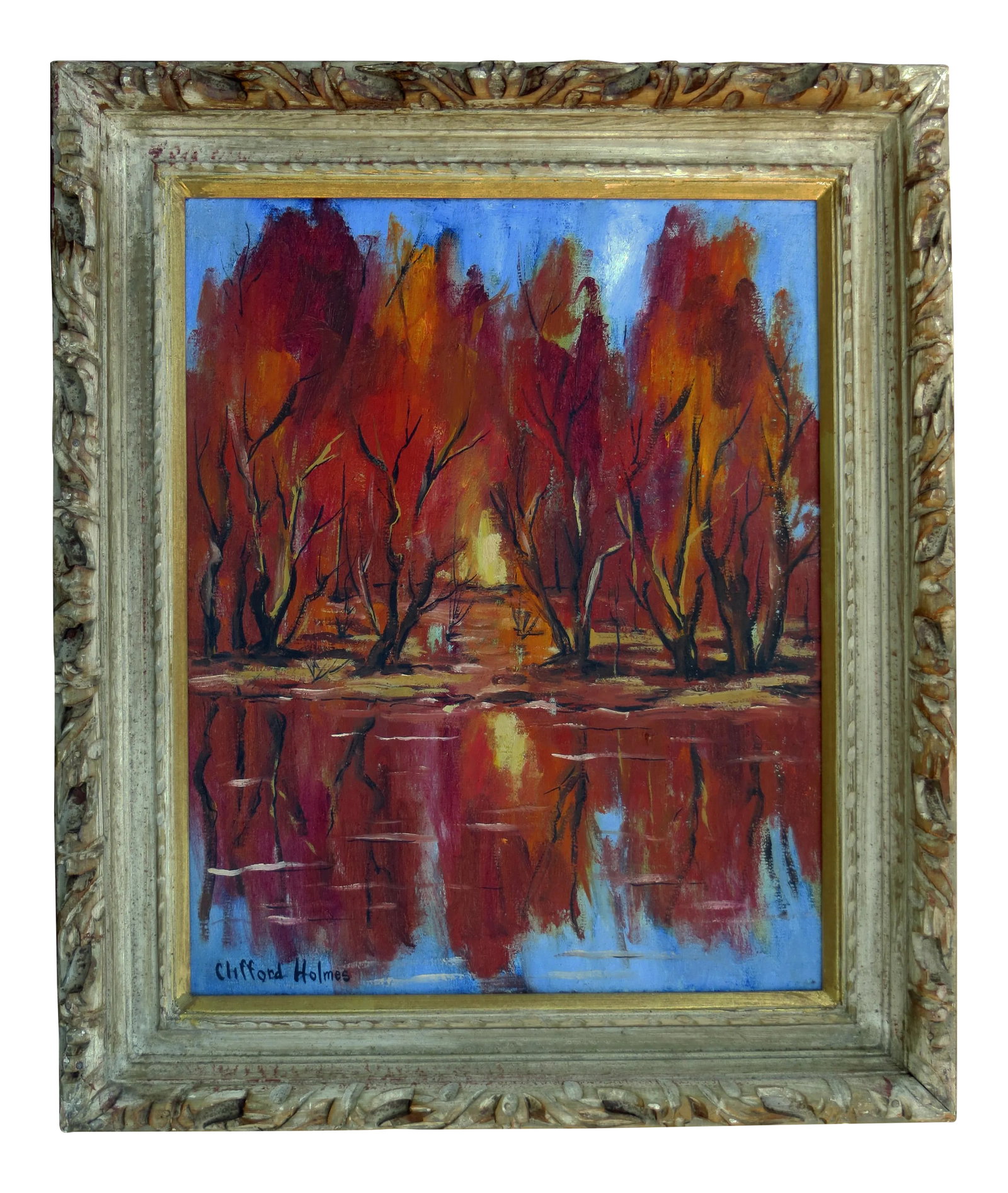 October Maples Oil Painting on Canvas by Clifford Holmes: This artwork titled " October Maples" c.1950 is an oil painting on canvas by noted California artist Clifford Holmes 1876-1963.Signed at the lower left corner by the artist. The canvas size is 20 x