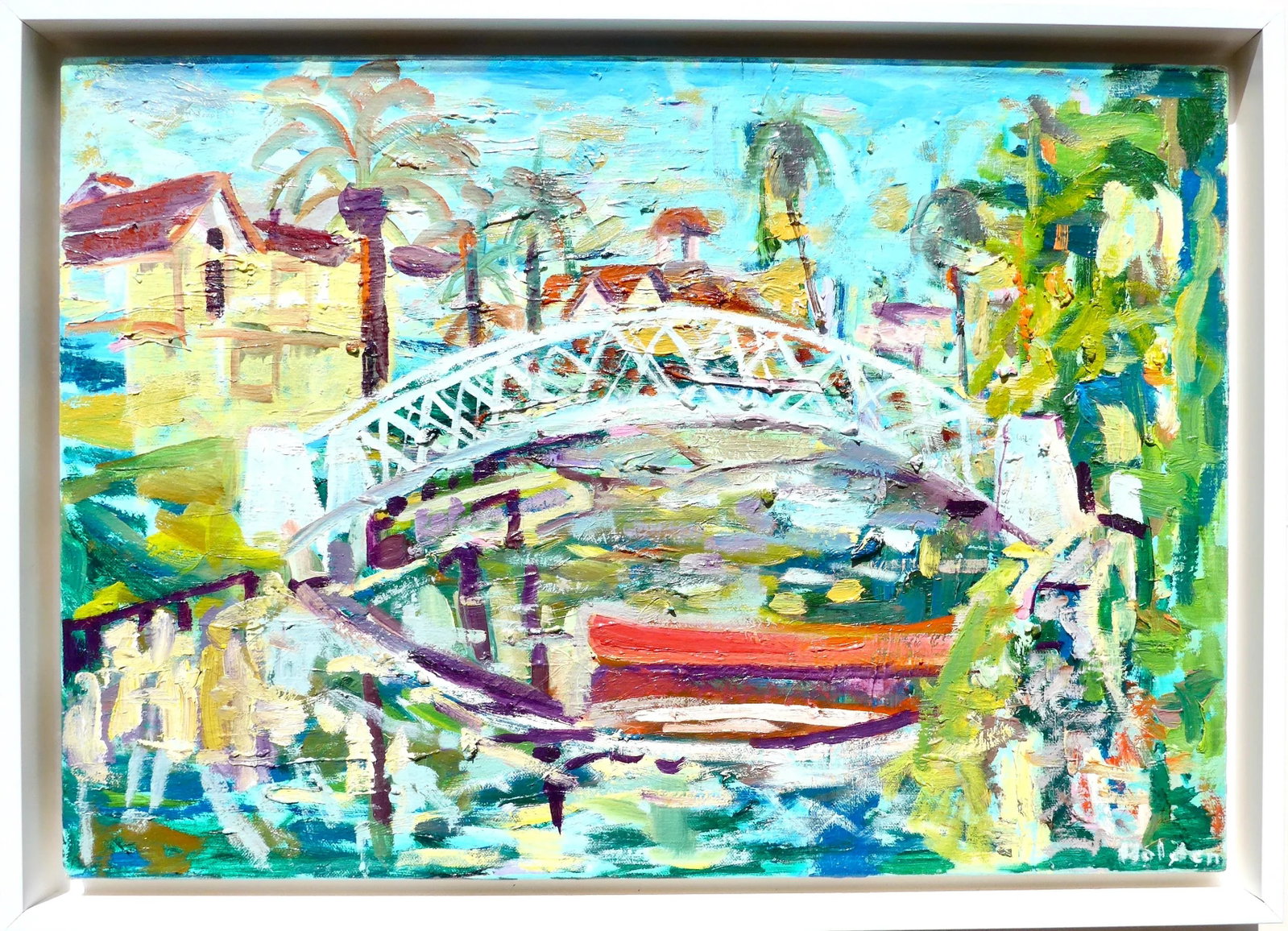 Venice Canal, California Contemporary Oil Painting by Martha Holden, Framed: FREE Shipping:Plein air painting of summer day at a canal in Venice, California. Boats used to be a way people traveled from house to house. There is lots of color and joy in that location.Martha