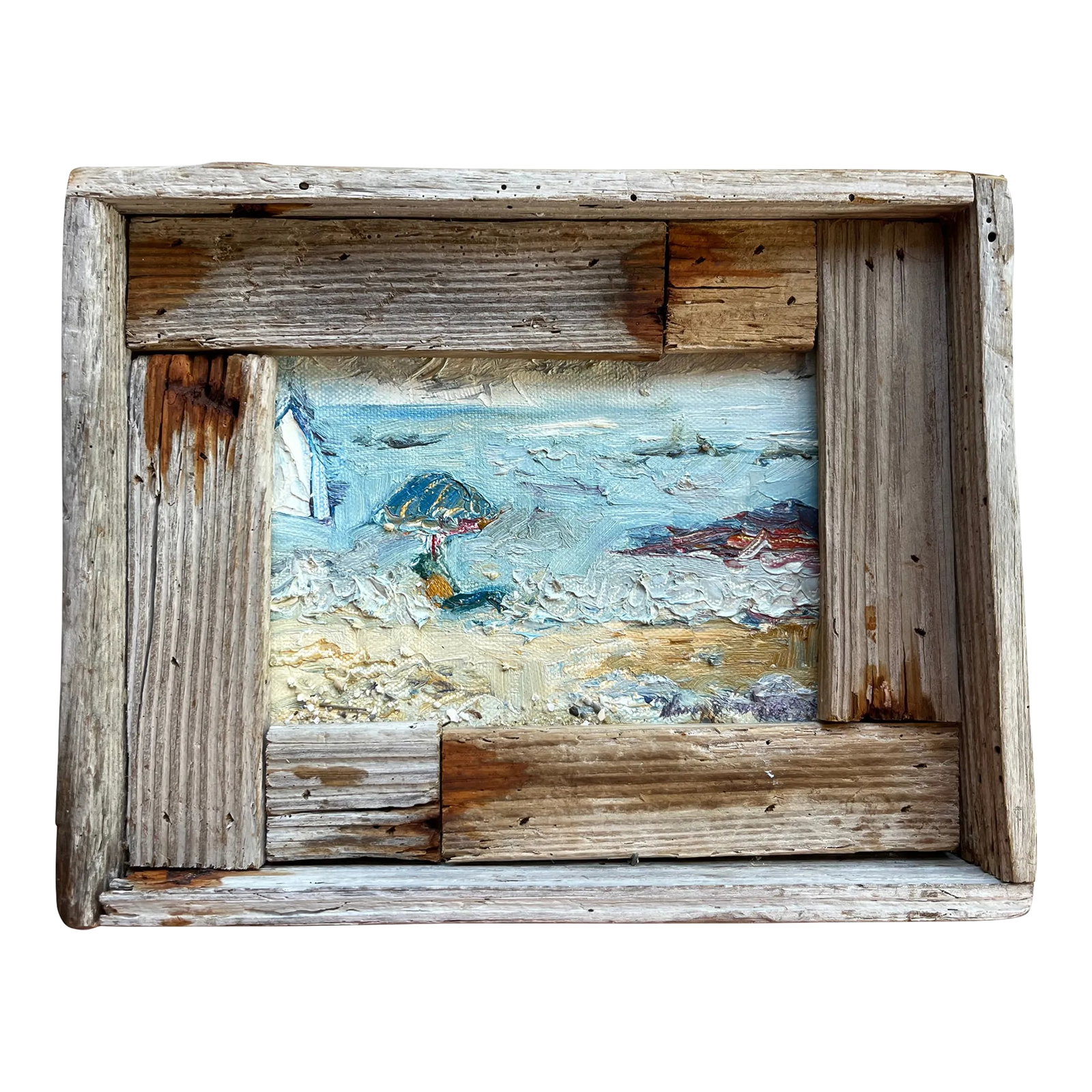 The Gulf, Oil Painting, by Van Ness, Barn Wood Frame: The Gulf, Oil Painting, by Van Ness 10"x8", framed in barn wood frame. Ready to hang. Great gift. A lovely abstract beach scene. The result of my observations while at the ocean. As seen in galleries 