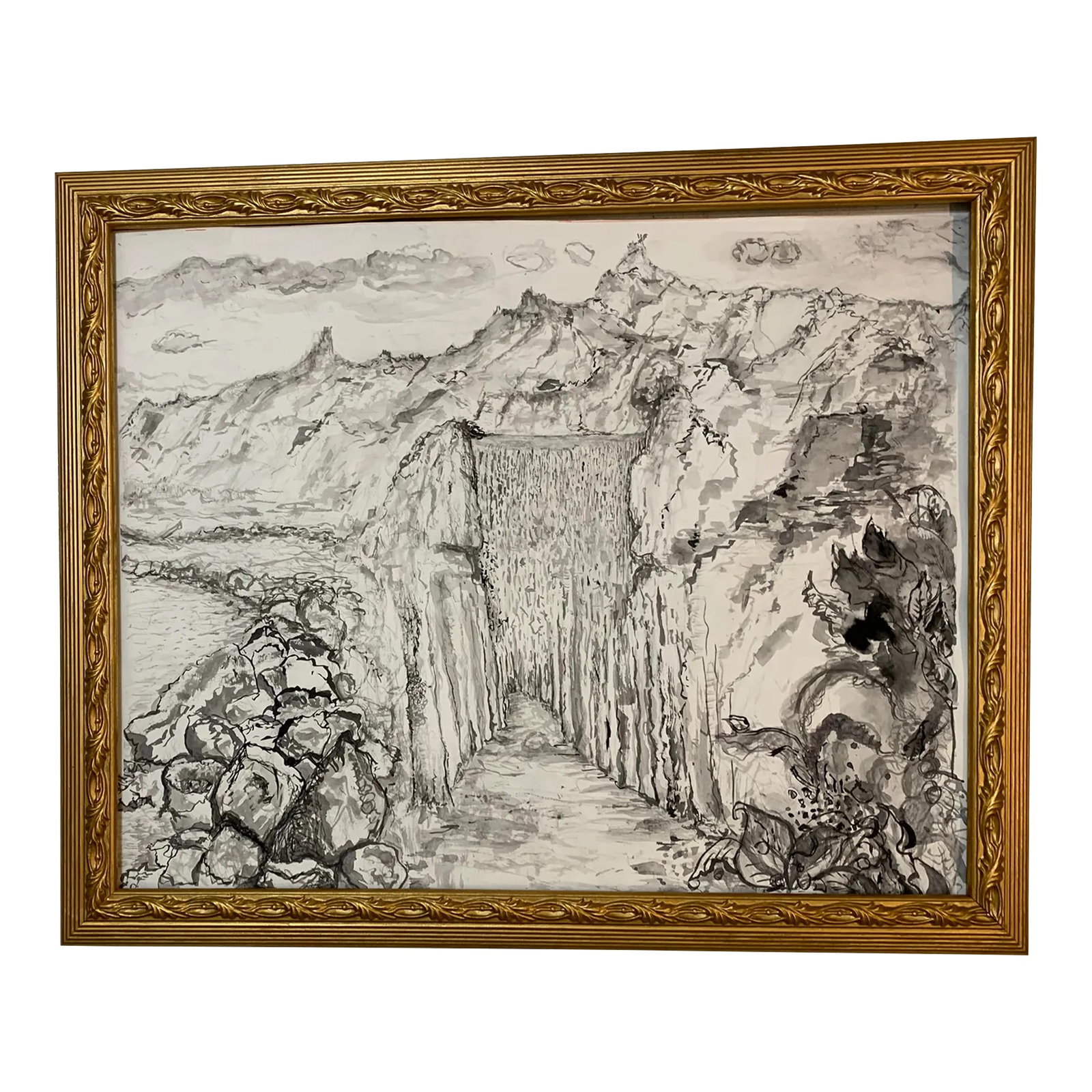 Utopia, Original Pen & Ink Drawings, Gold Frame, by Van Ness: Utopia, Original Pen & Ink, Framed Art, by Van Ness A multitude of places all in one painting. Waterfalls, mountains, streams... and more... Glass front to protect the art. 33.5"x27.5", gold framed,