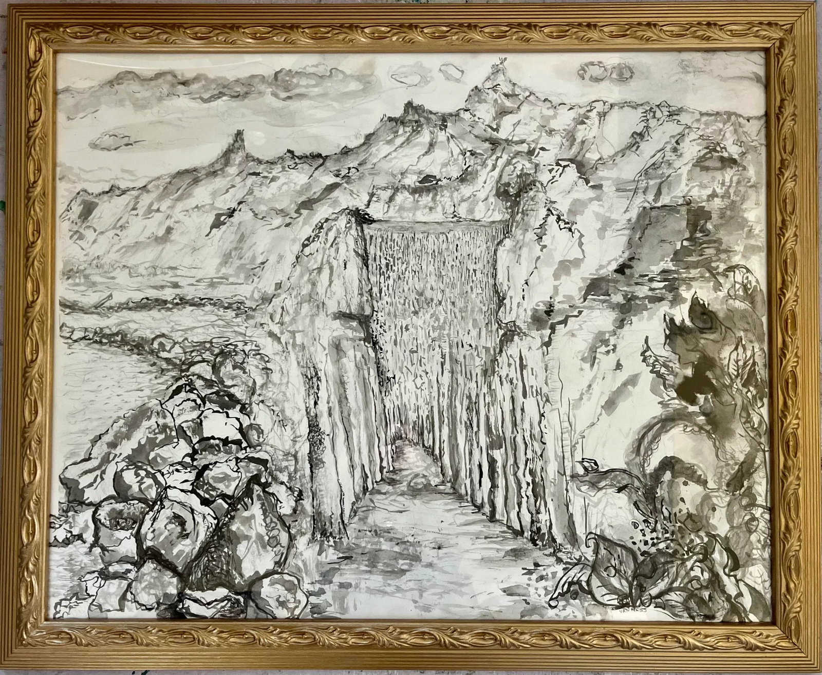 Utopia, Original Pen & Ink Drawings, Gold Frame, by Van Ness - 6