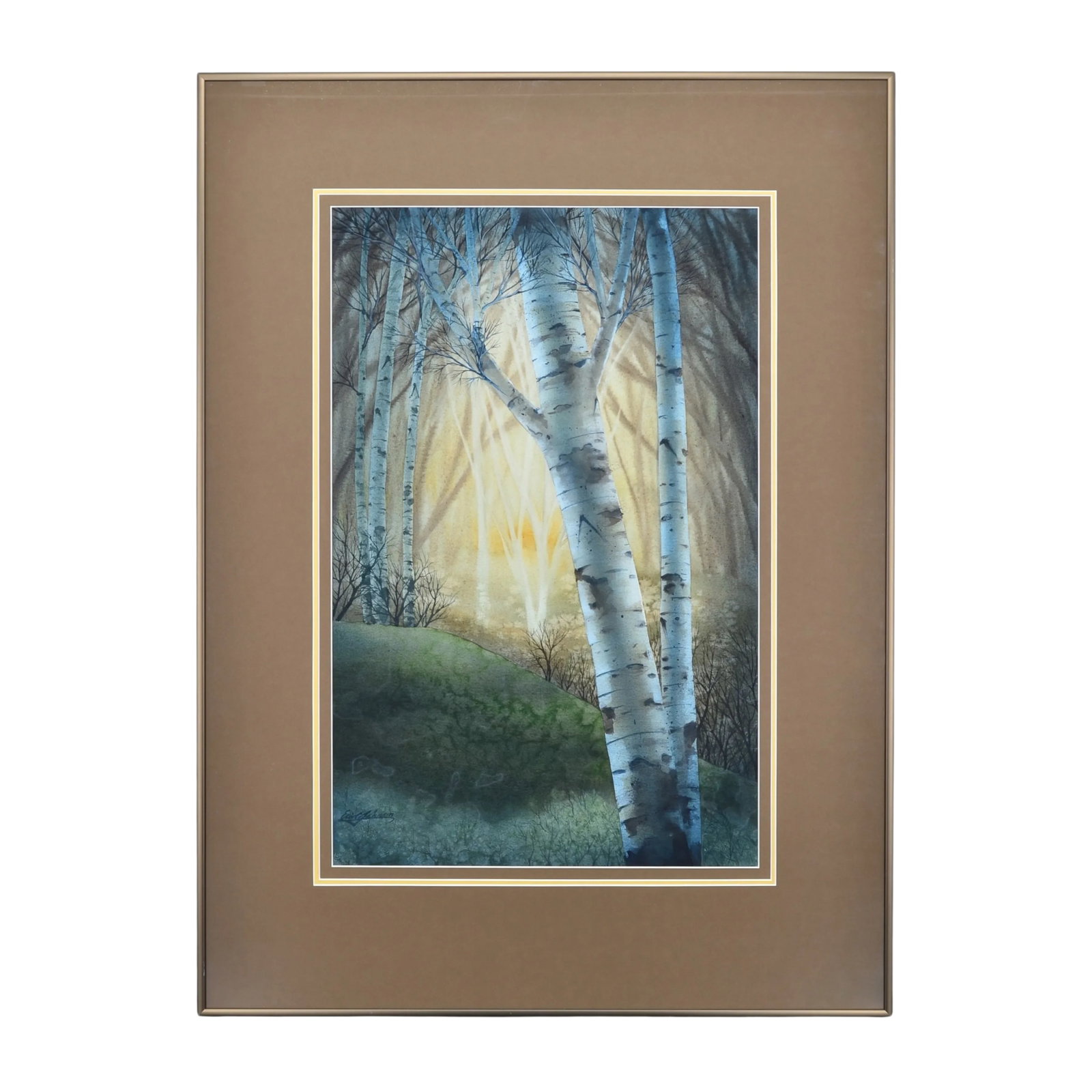 Late 20th Century Eric C Johnson Original Watercolor Painting of Birch Trees Signed & Framed: This beautiful watercolor landscape painting by Eric C Johnson is a stunning addition to any art collection. The painting features a Birch Tree Forest in Long Island, New York on paper and is singed b