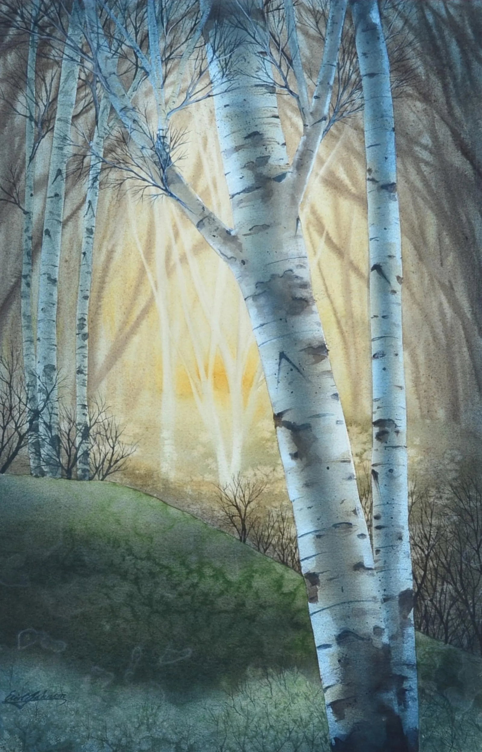 Late 20th Century Eric C Johnson Original Watercolor Painting of Birch Trees Signed & Framed - 5