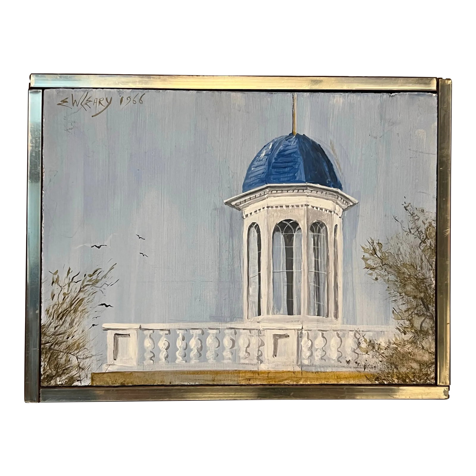 Elizabeth W Leary (1937-), 1966, Midcentury, Acrylic/Oil on Hardboard, "Cupola," Charleston, Signed: Elizabeth Wadleigh Leary (1937-), Amazing Blue Sky Cupola Acrylic Painting On Hardboard, Framed In Original Gold Accented Walnut/Teak? Frame, Signed, Dated, 1966 Condition: Alterations: Original Condi