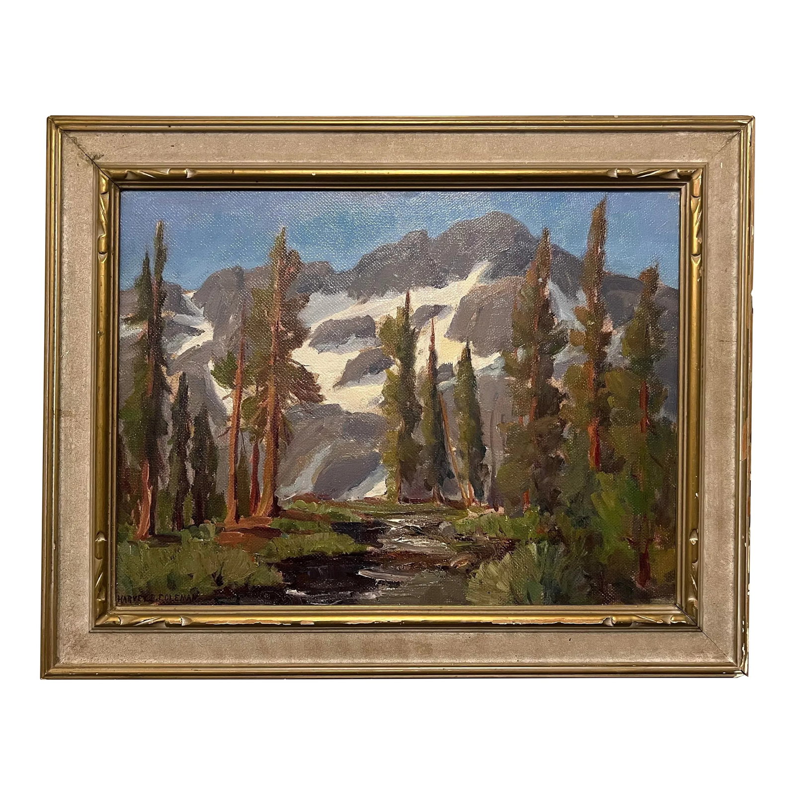 Harvey B Coleman (1884-1959), California Landscape Oil Painting on Hardboard, "High Sierras, Where W: Amazing Oil Painting Of The California Sierra Nevada Mountains, Forest, Stream, Signed, Harvey B Coleman (1884-1959), One Of His Finest Paintings In Vintage Frame, Fine Details, One Of A Kind Conditio
