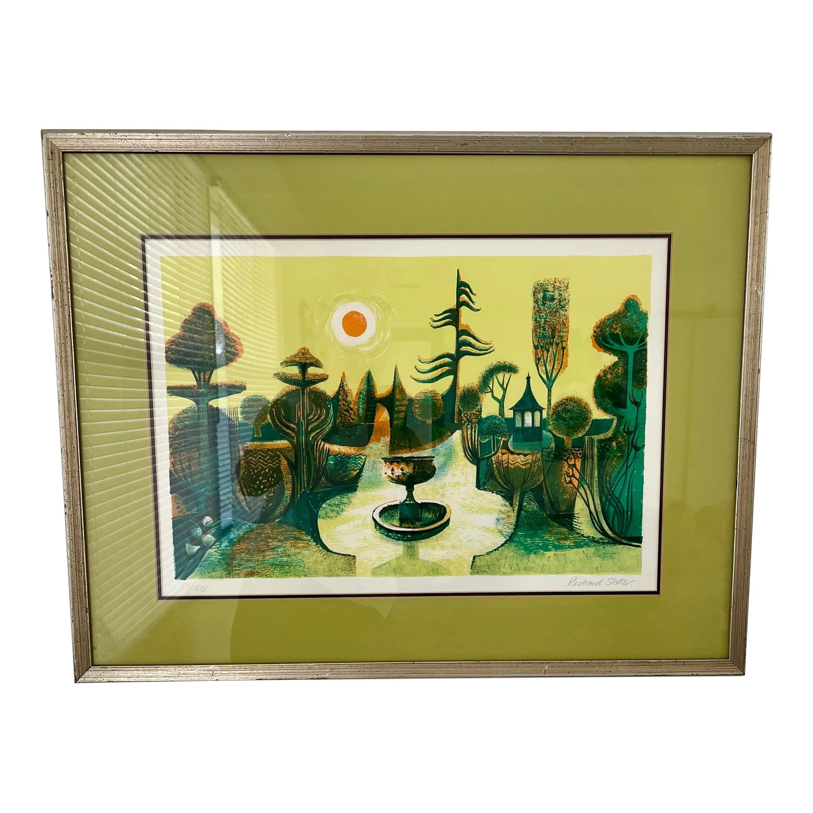 Richard Slater's "Enchanted Garden" Pencil Signed Color Lithogragh 157/275: This colorful lithograph by British artist Richard Slater is a wonderful MCM piece. Soft golds, oranges and blues enhance the lively garden. The mat and frame compliments perfectly and it's ready to