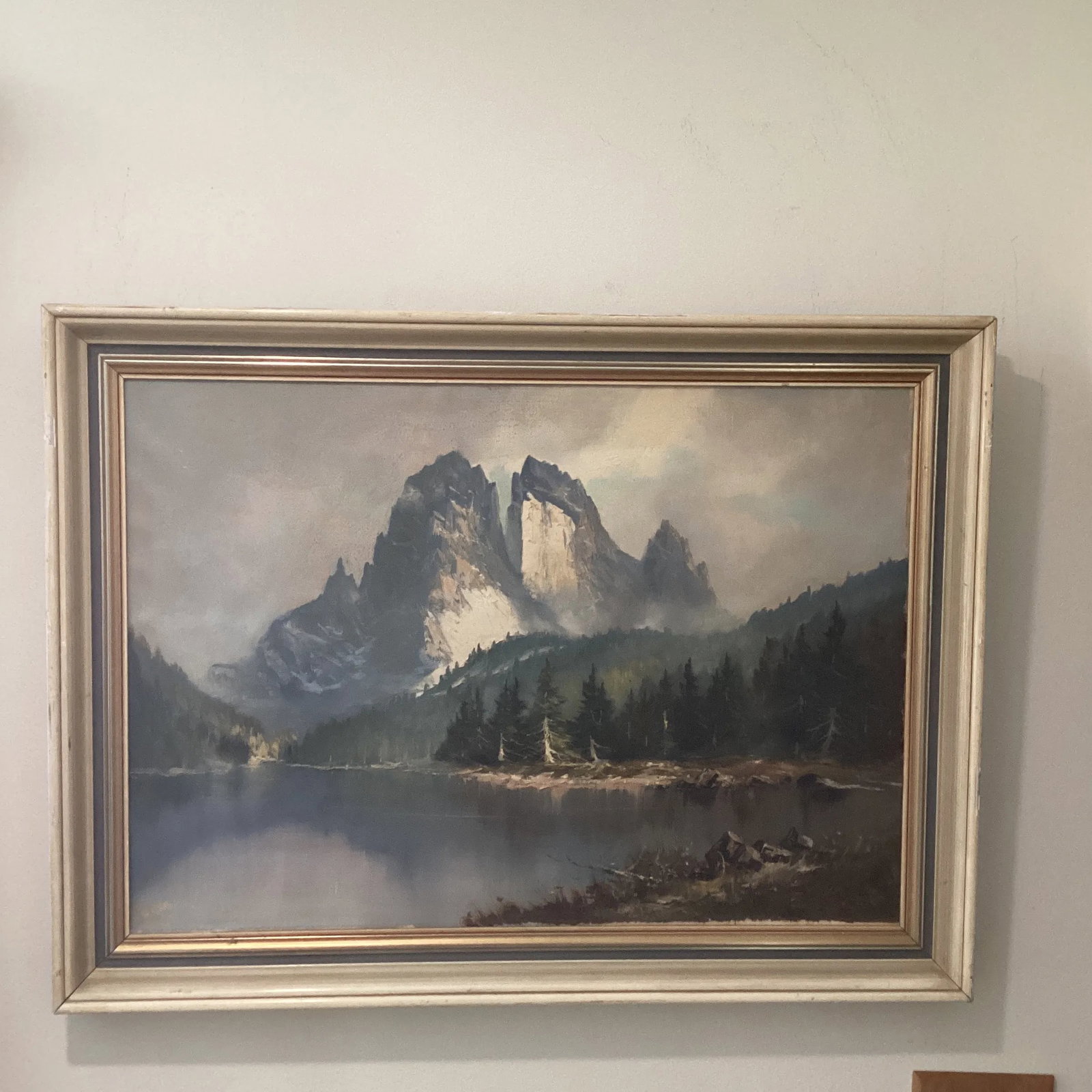 Vintage Original Oil Painting Landscape Scene Misty Rocky Mountains Signed by Artist Framed - 11