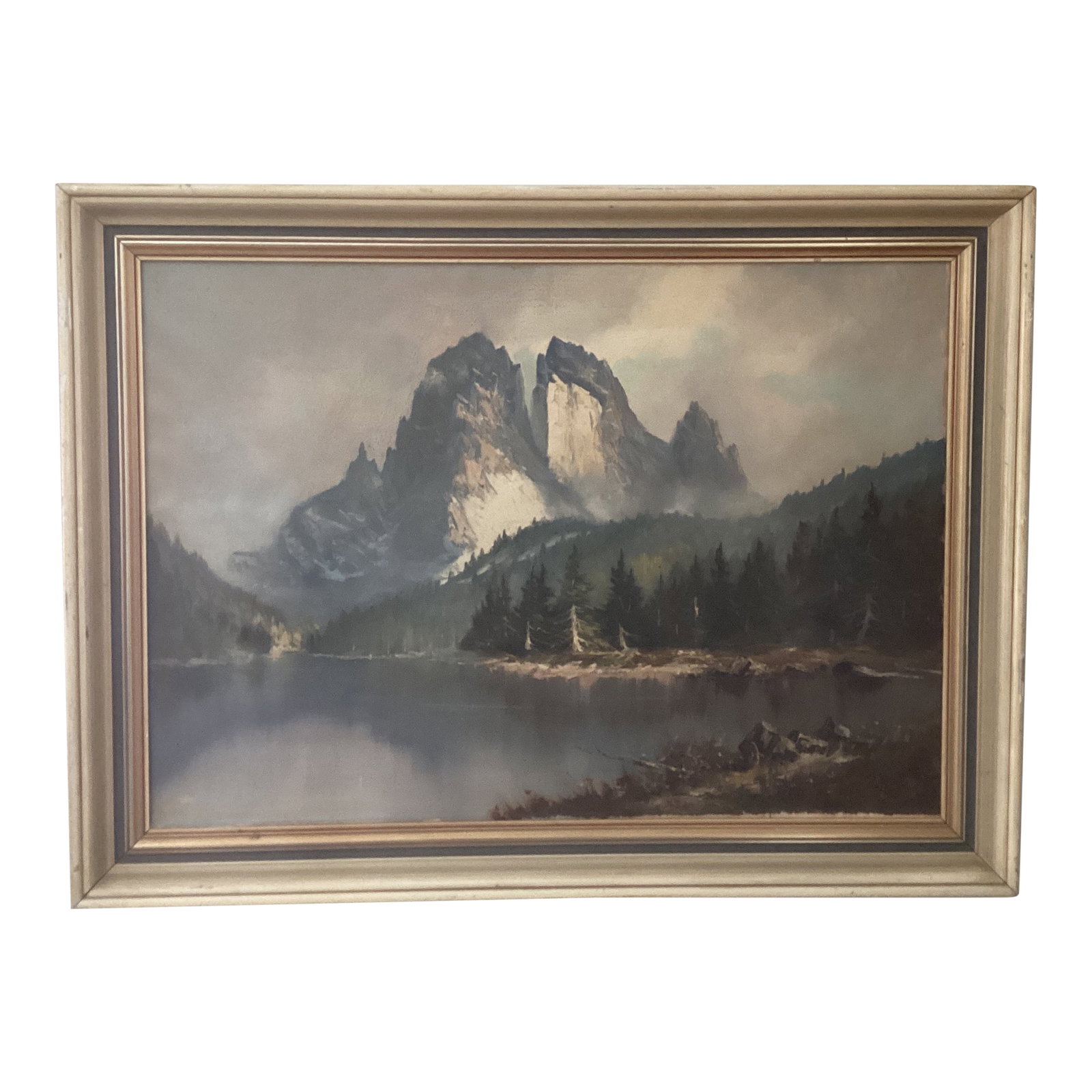 Vintage Original Oil Painting Landscape Scene Misty Rocky Mountains Signed by Artist Framed: This vintage original oil painting depicts a breathtaking landscape scene of the Rocky Mountains shrouded in mist. The piece is framed and ready to display, making it a perfect addition to any art