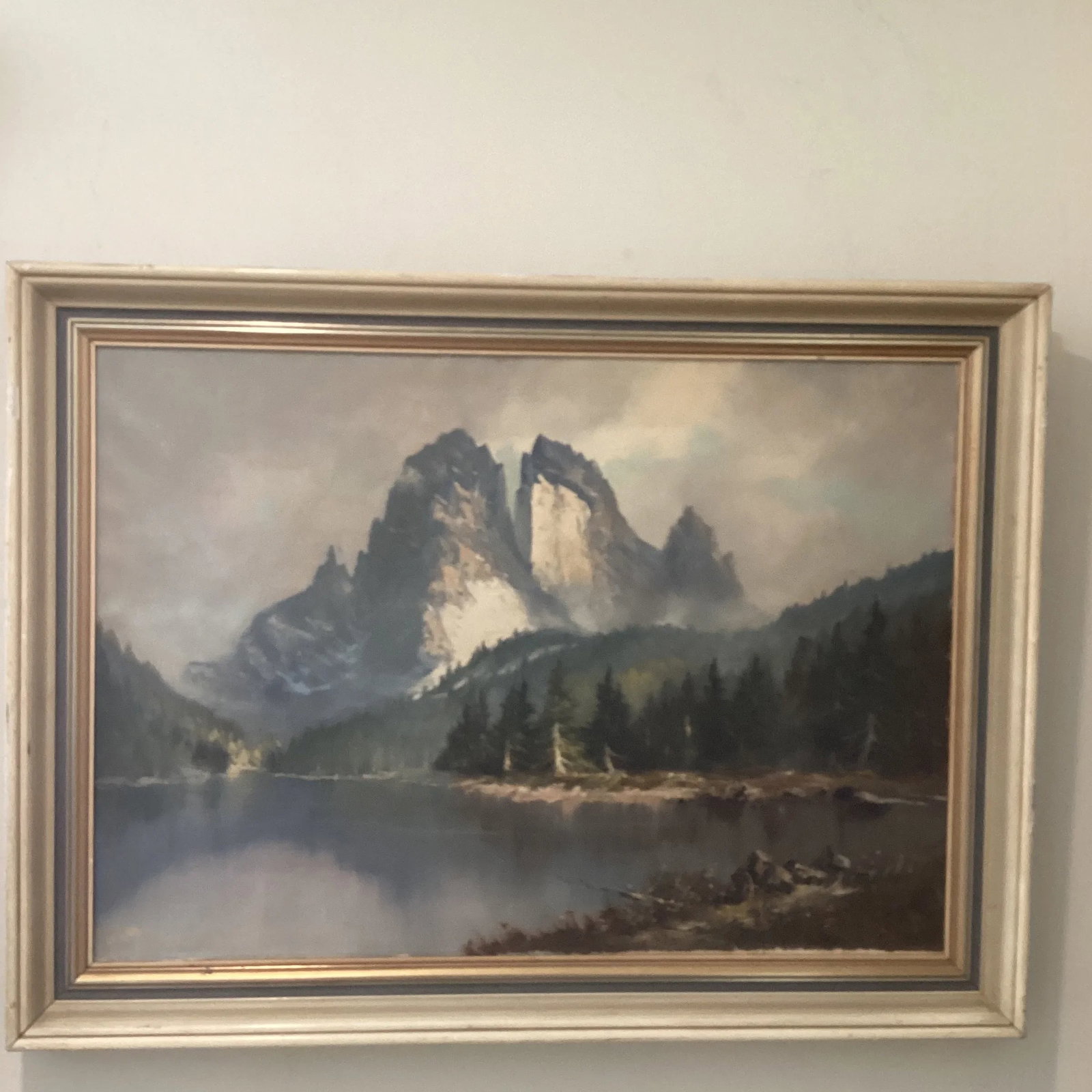 Vintage Original Oil Painting Landscape Scene Misty Rocky Mountains Signed by Artist Framed - 2