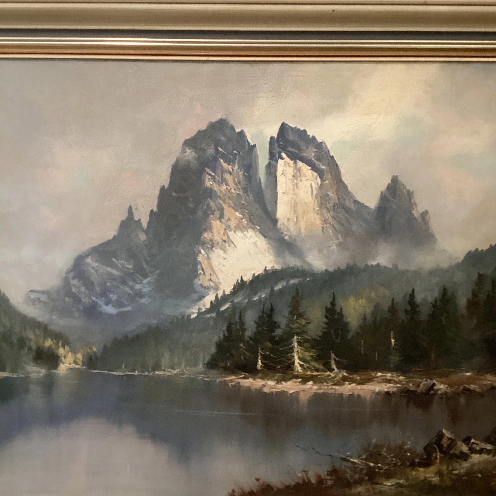 Vintage Original Oil Painting Landscape Scene Misty Rocky Mountains Signed by Artist Framed - 3