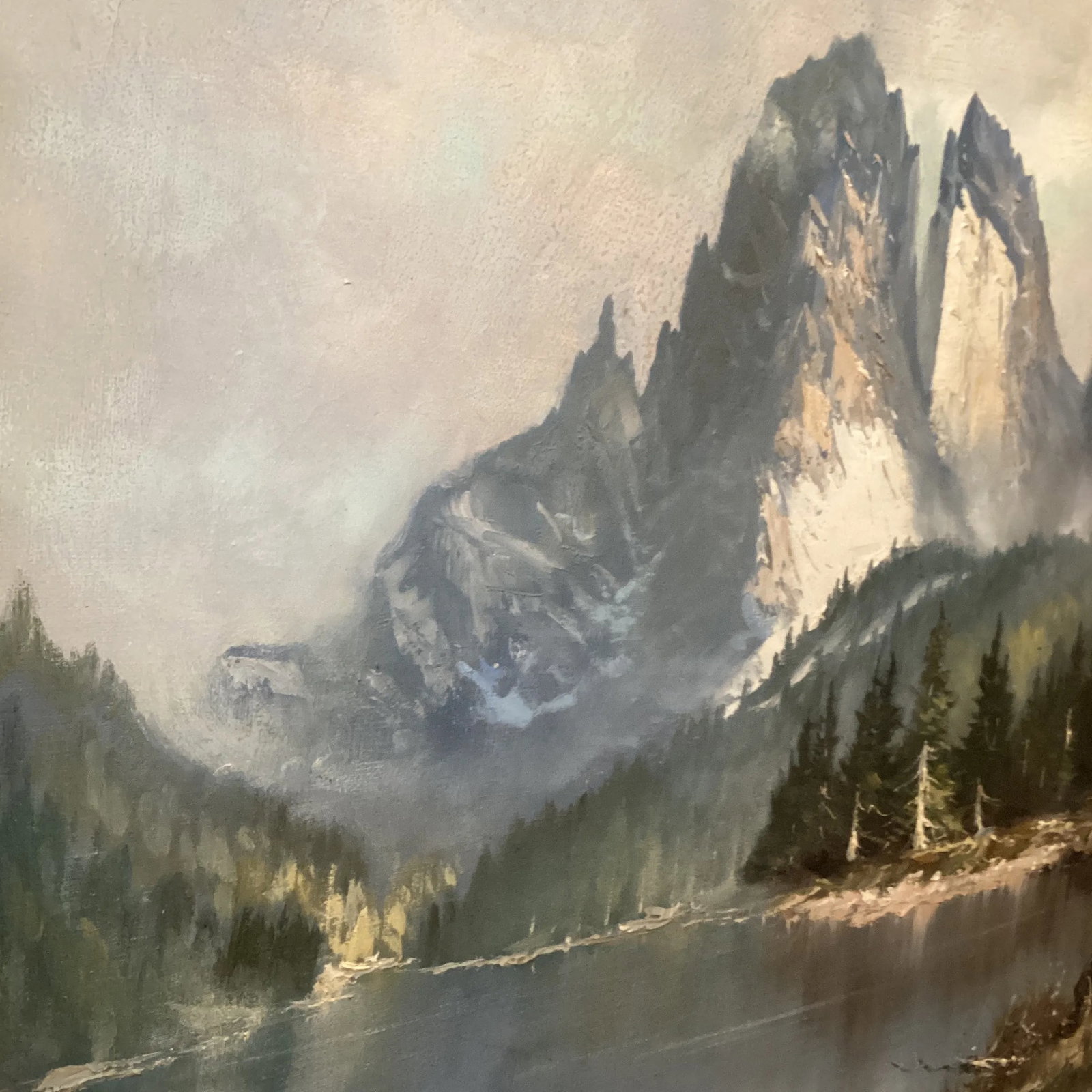 Vintage Original Oil Painting Landscape Scene Misty Rocky Mountains Signed by Artist Framed - 4