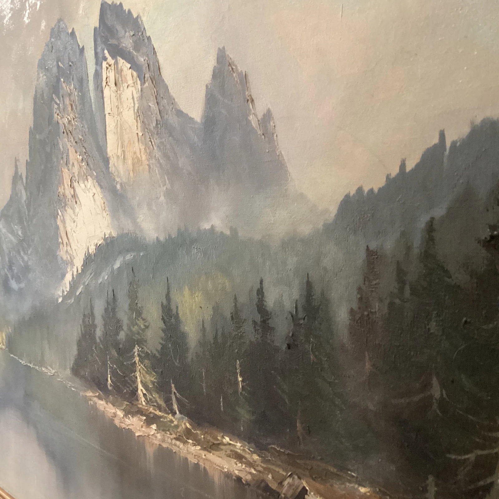 Vintage Original Oil Painting Landscape Scene Misty Rocky Mountains Signed by Artist Framed - 5