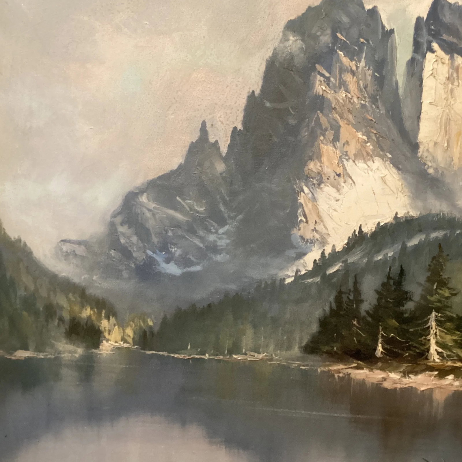 Vintage Original Oil Painting Landscape Scene Misty Rocky Mountains Signed by Artist Framed - 6