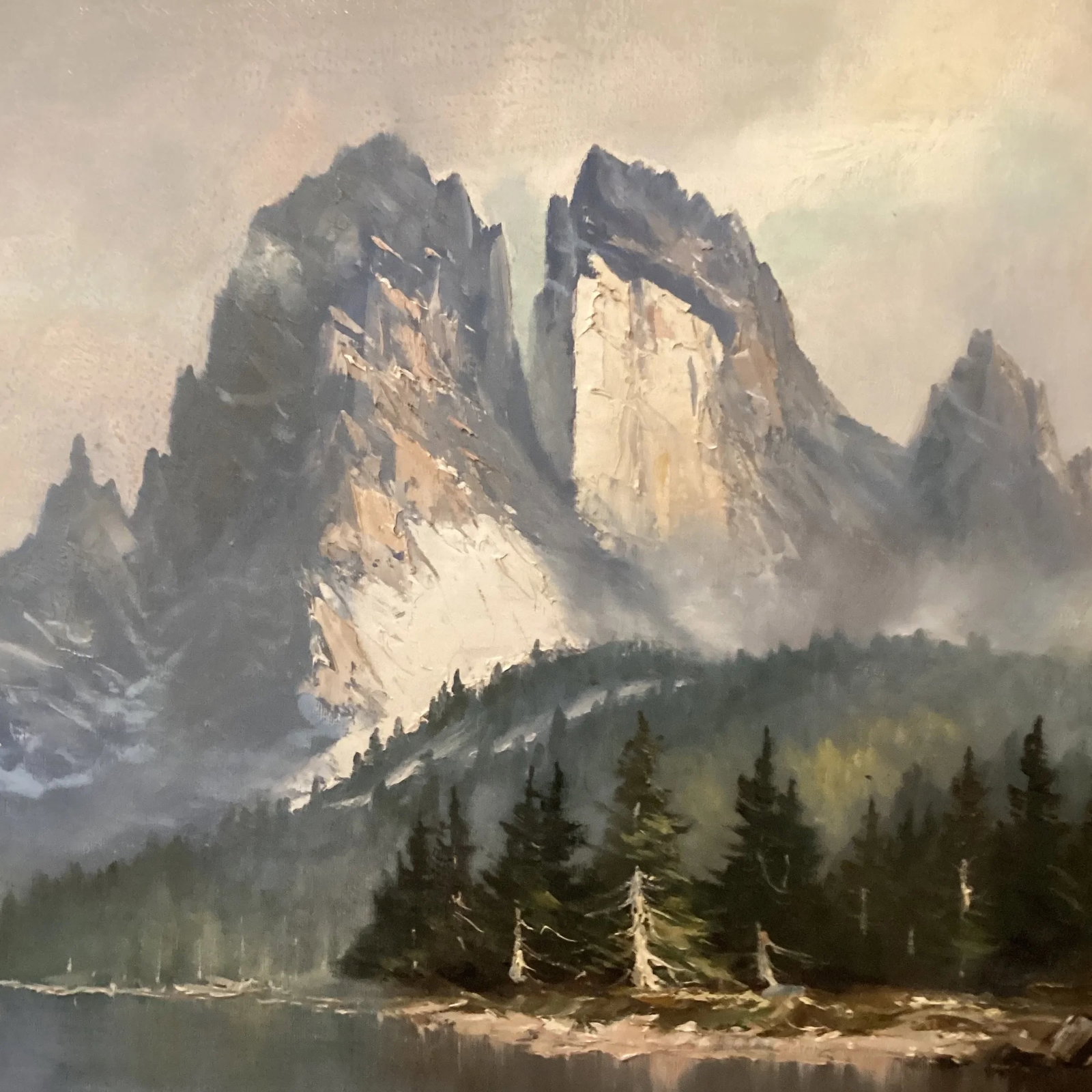 Vintage Original Oil Painting Landscape Scene Misty Rocky Mountains Signed by Artist Framed - 7