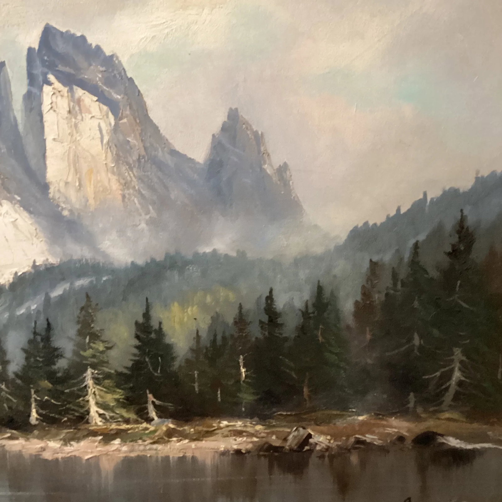 Vintage Original Oil Painting Landscape Scene Misty Rocky Mountains Signed by Artist Framed - 8