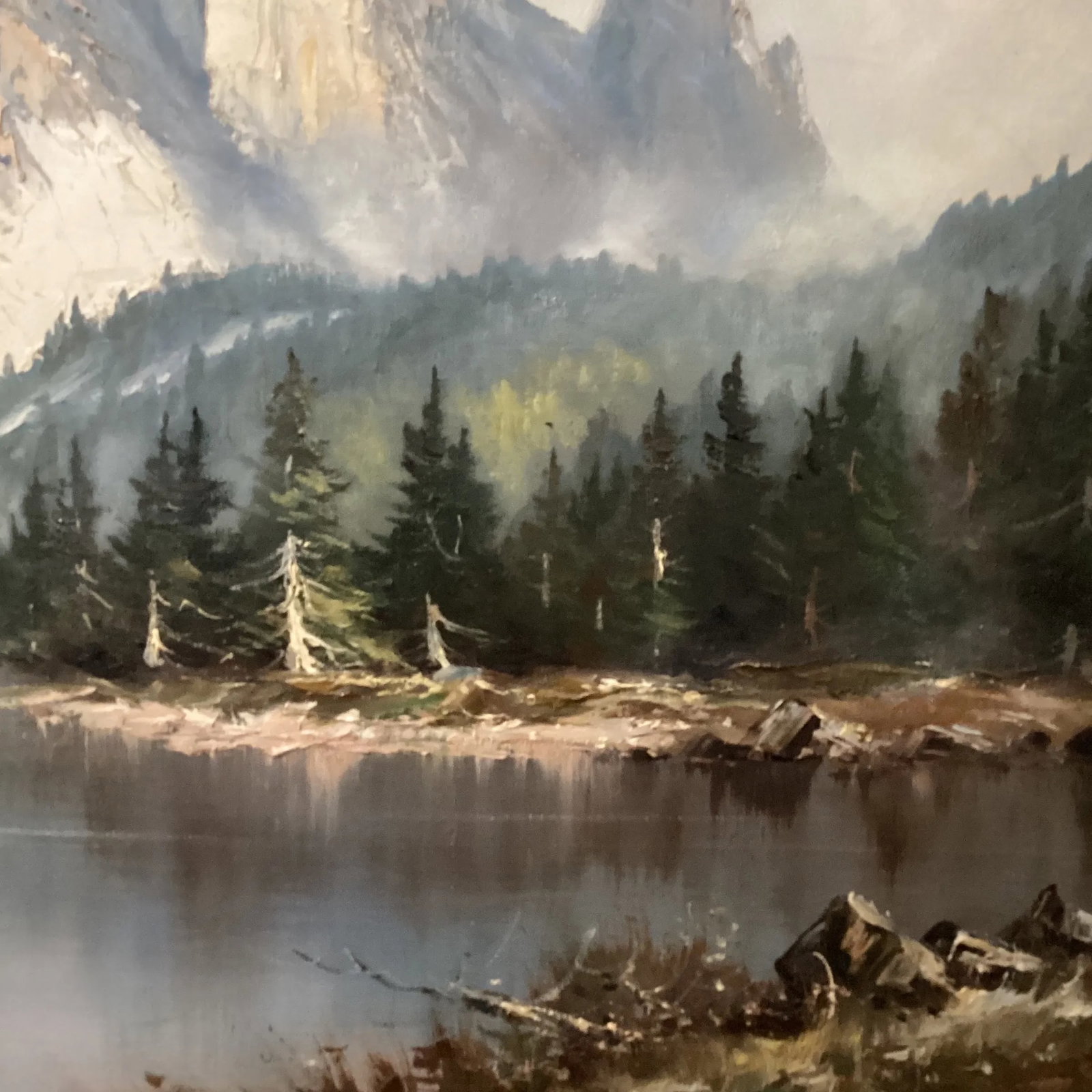 Vintage Original Oil Painting Landscape Scene Misty Rocky Mountains Signed by Artist Framed - 9