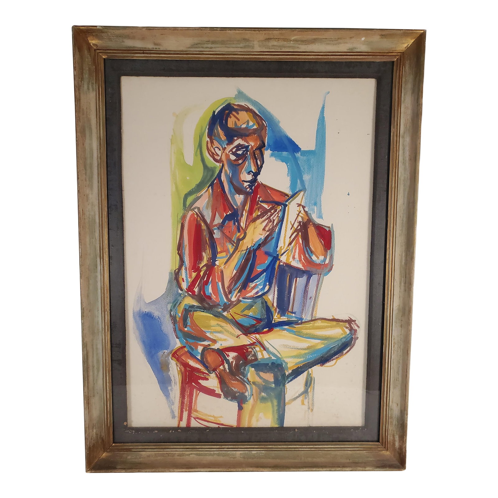 1940s Figurative Expressionist Man Reading Original Watercolor on Paper: About the artwork: This Expressionist-style painting, "Man Reading with Crossed Legs" is by an unknown yet deft artist features bold brushwork to depict a man casually reading a book while seated on a