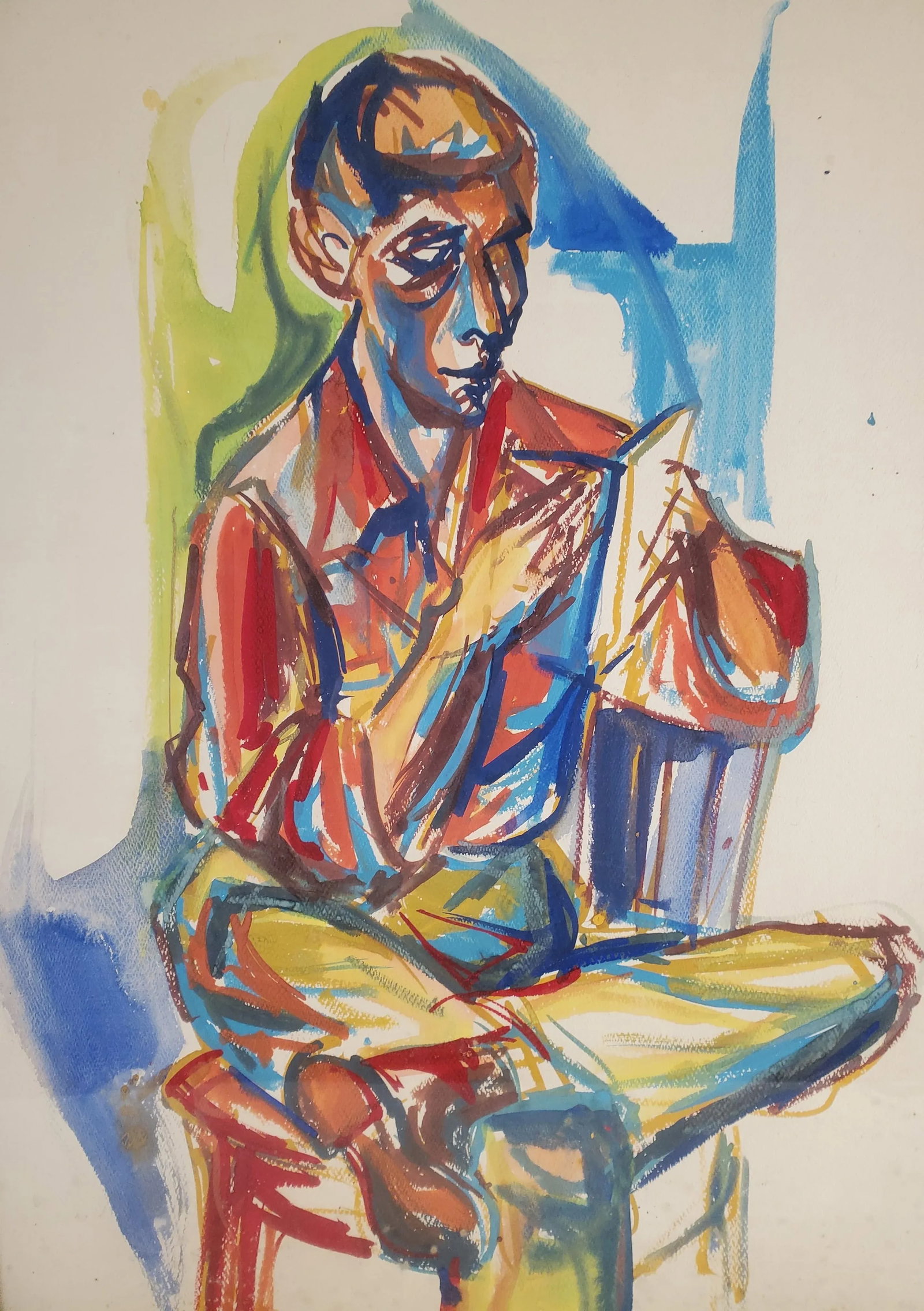 1940s Figurative Expressionist Man Reading Original Watercolor on Paper - 2