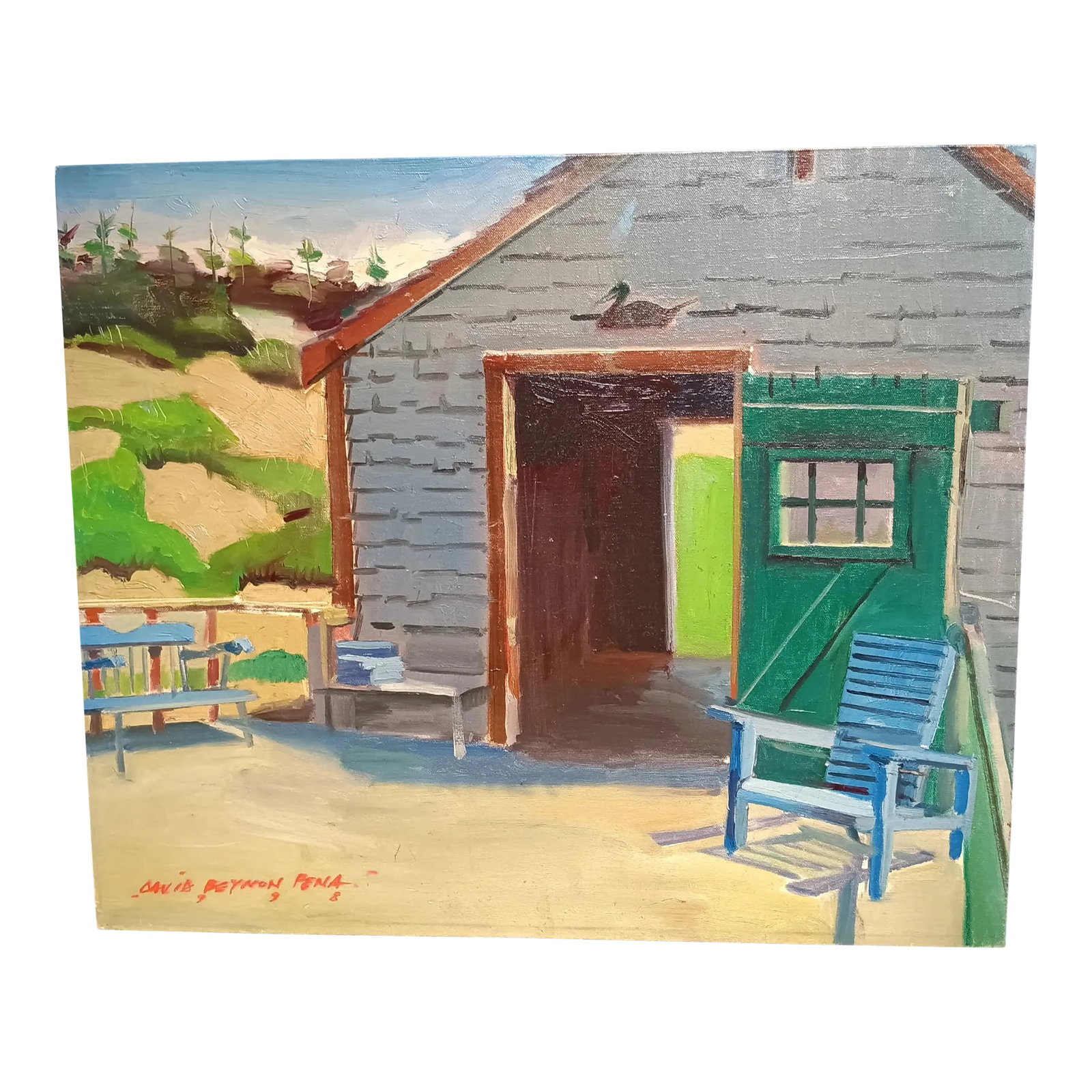 Boathouse Duck, Original Oil Painting: This original signed and dated David Beynon Pena original oil painting shows the Leadbetter Island boathouse looking up to the house from the dock. Condition: Alterations: Original Condition Unaltered