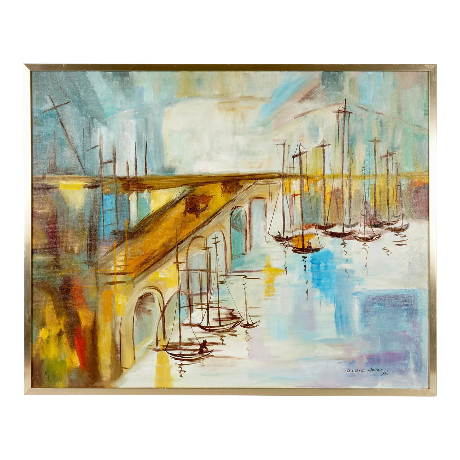 1970s Pauline Wright Sailboat Harbor Landscape Artwork (1 of 7)