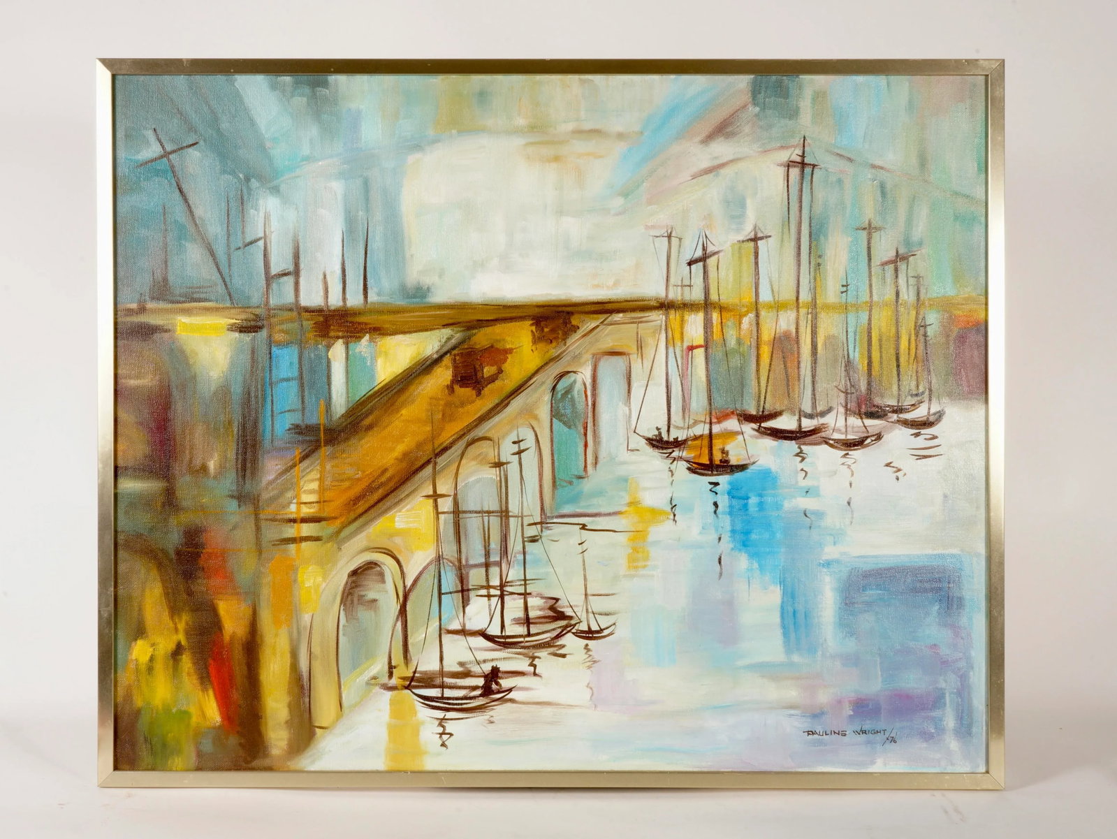1970s Pauline Wright Sailboat Harbor Landscape Artwork - 7