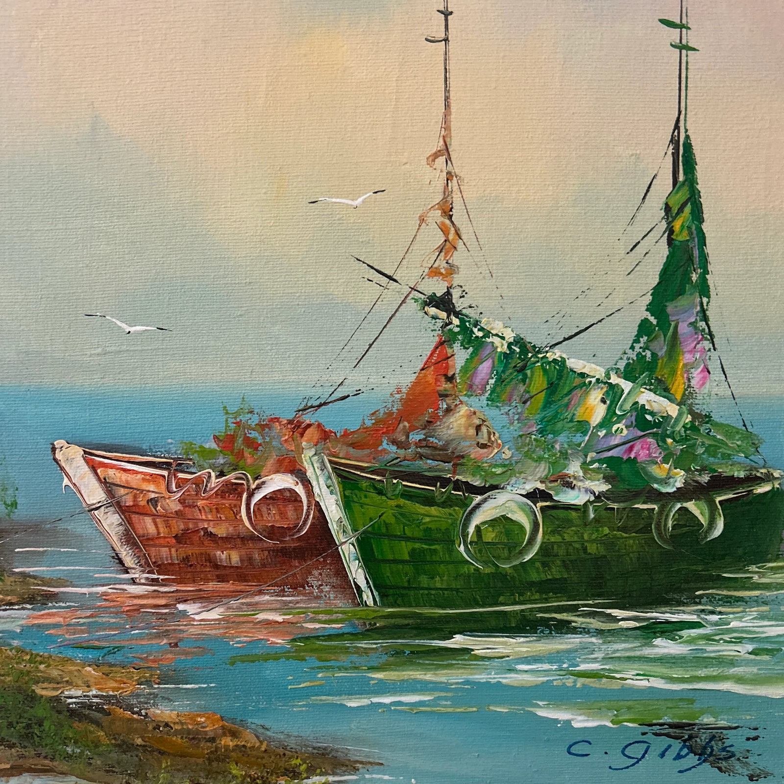 Vintage Oil Painting on Canvas Coastal Scene W/ Boats and House by C. Gibbs Framed - 10